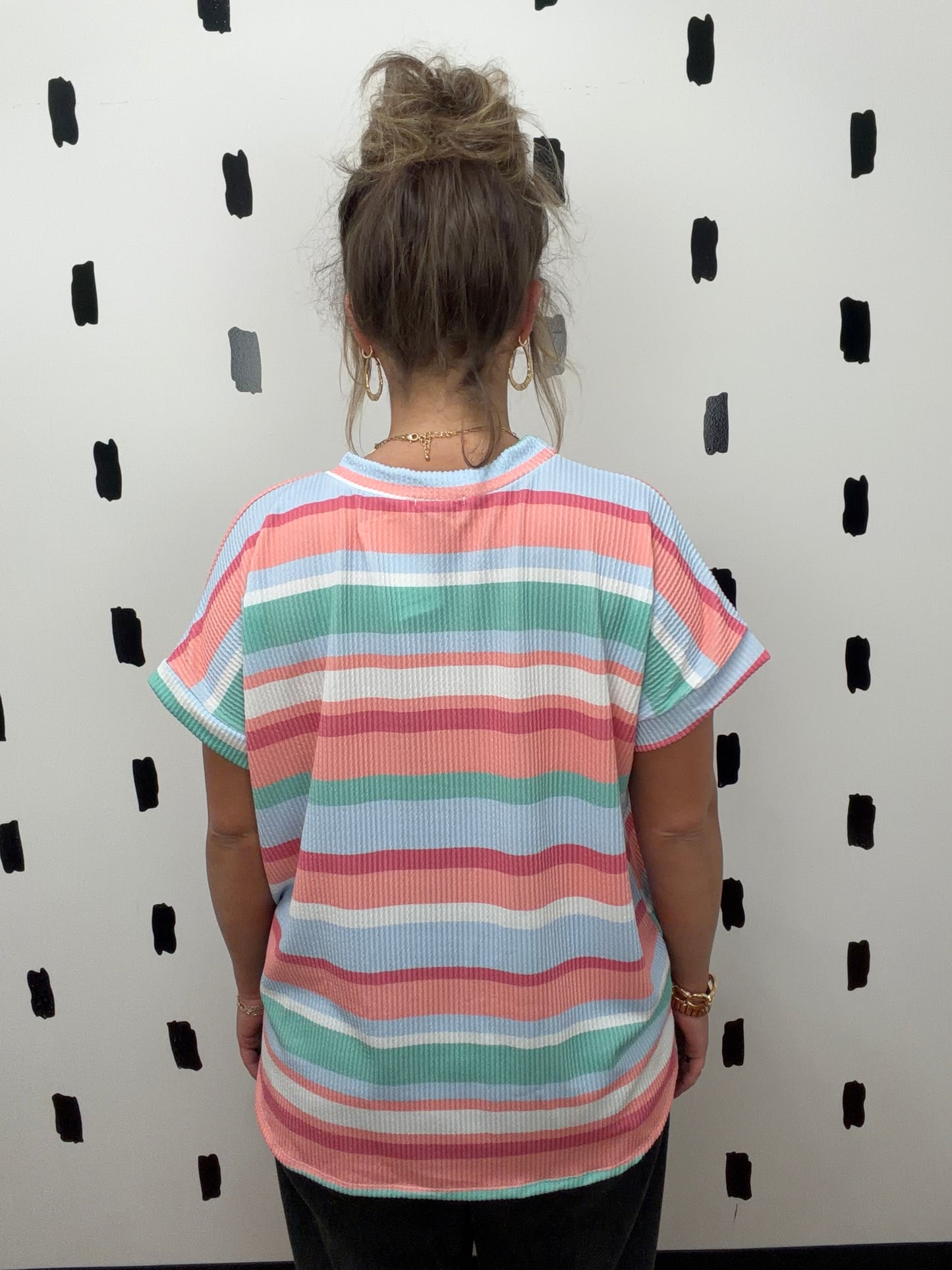 Coral Multi Stripe Short Sleeve Top