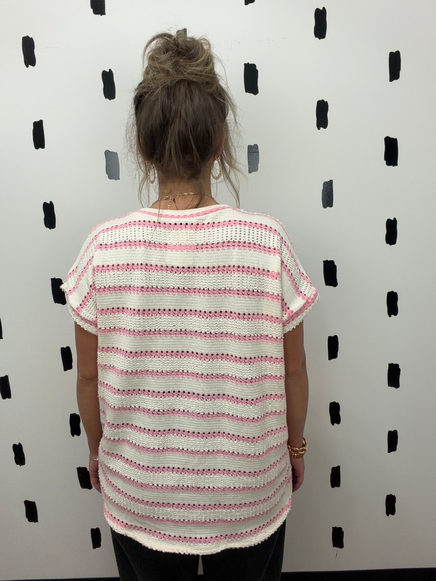 Ivory/Pink Short Sleeve Open Knit Top