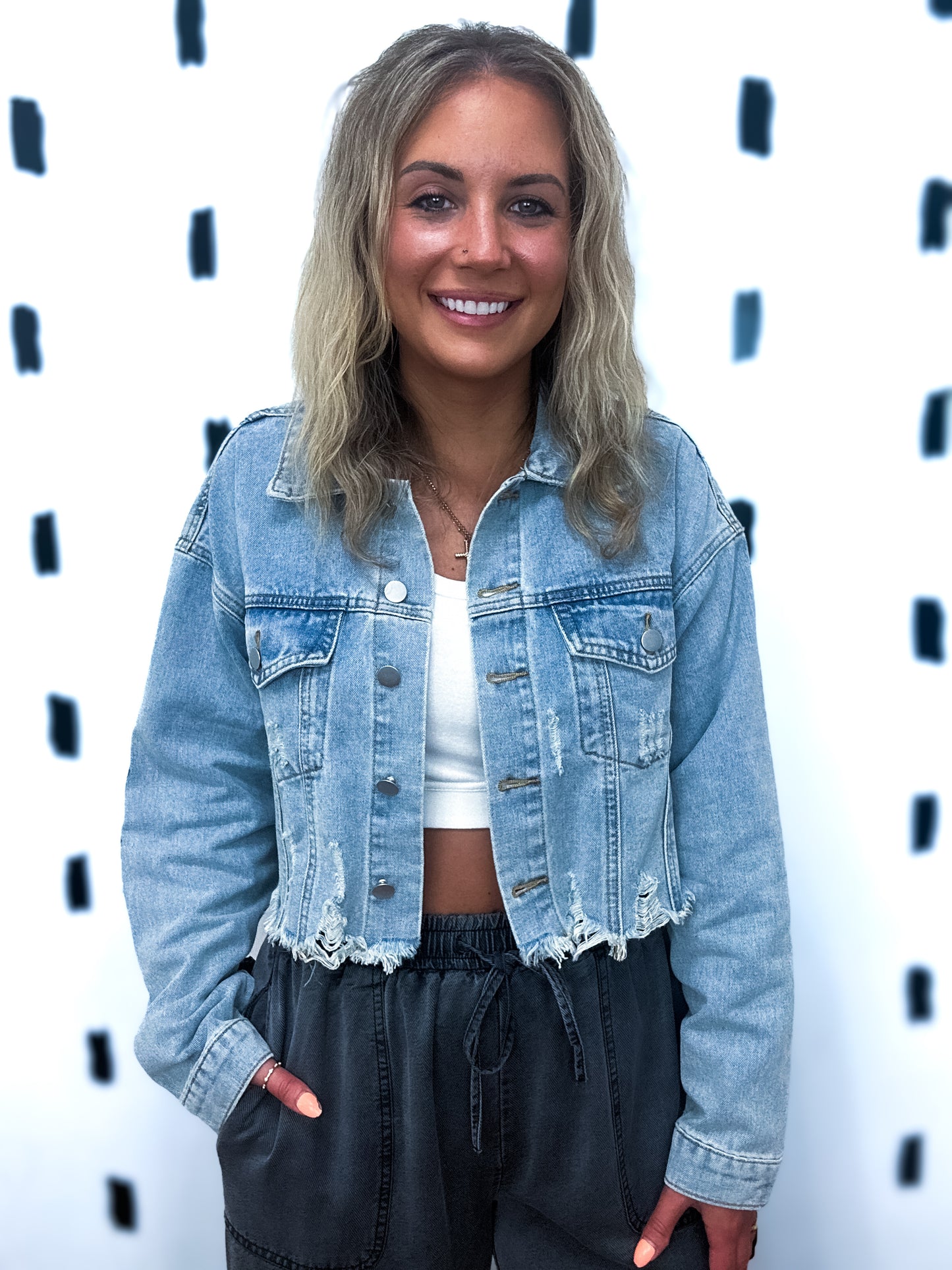 Light Denim Cropped Graphic Jacket