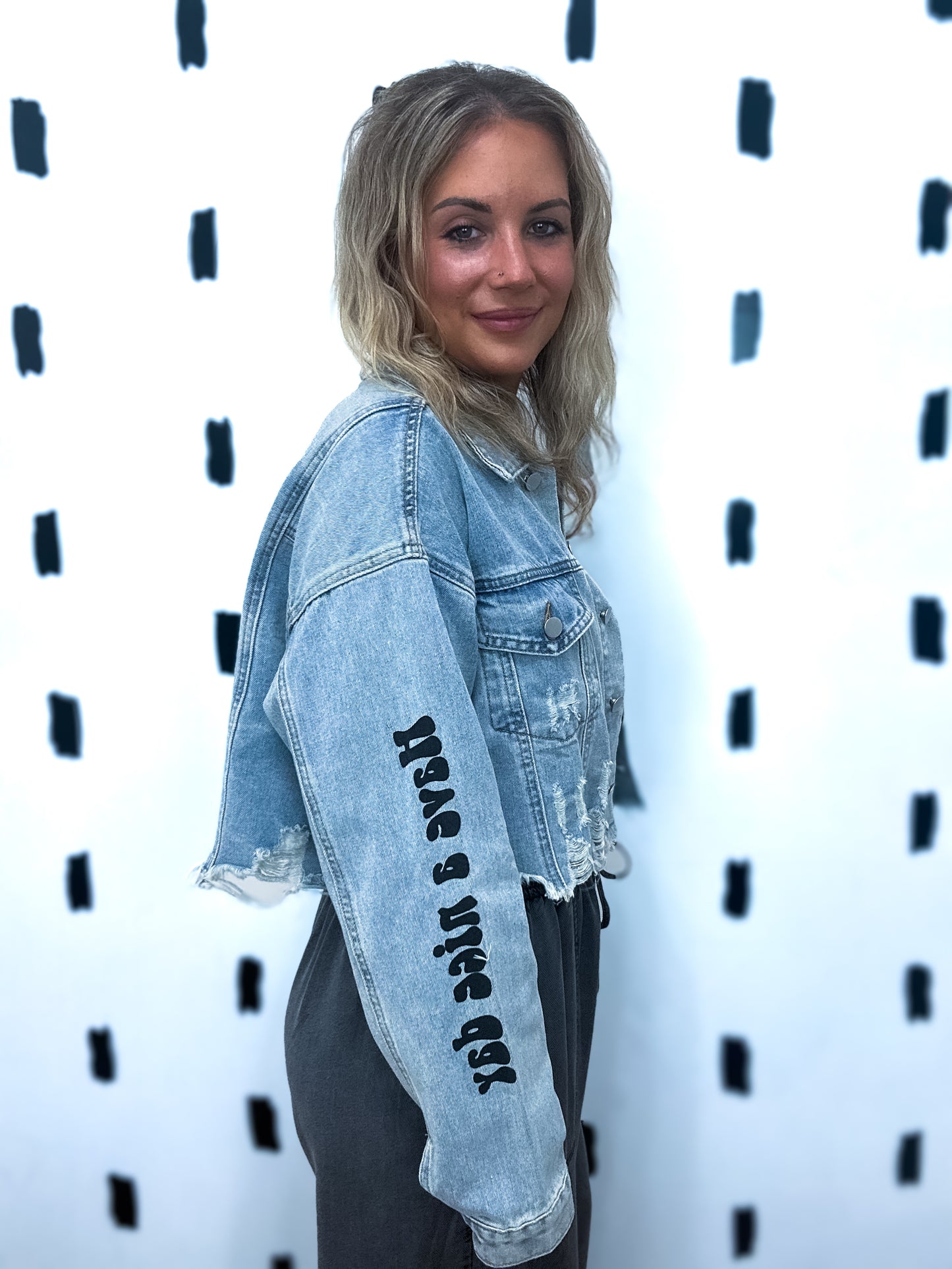 Light Denim Cropped Graphic Jacket