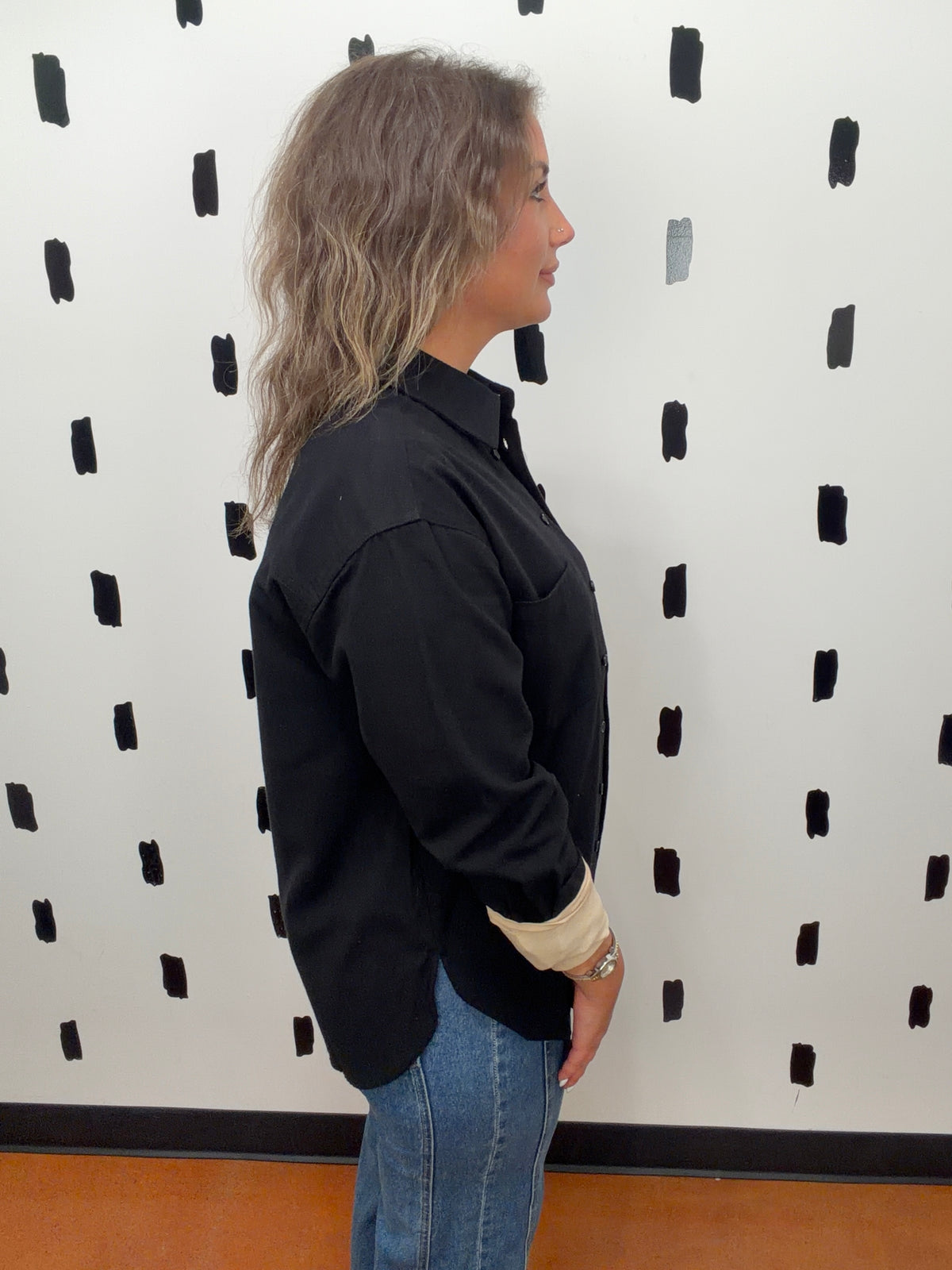 Black Long Sleeve Brushed Twill Top