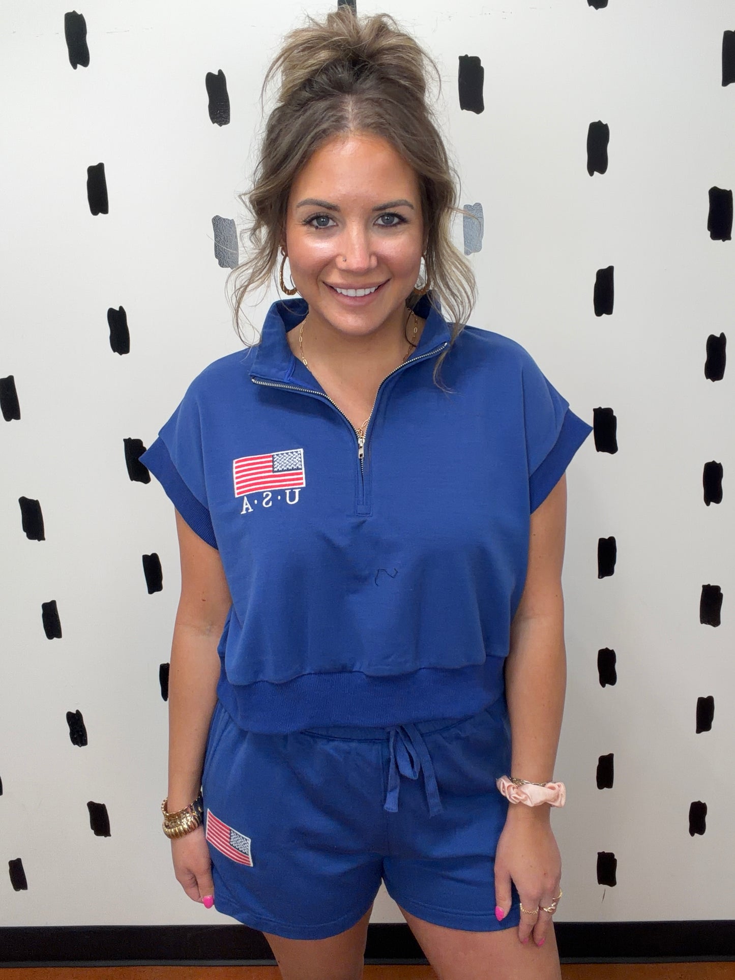 Navy Blue Zip Up USA Top