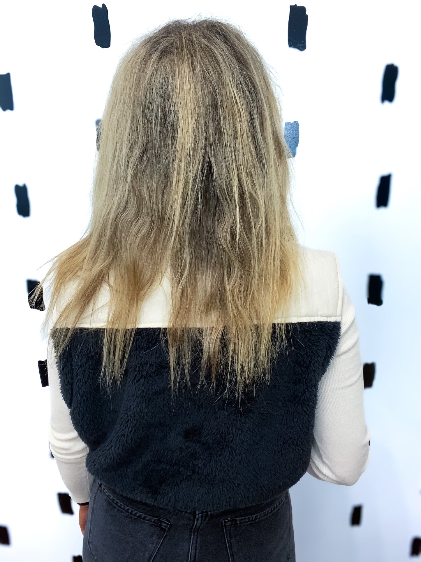 Black/Cream Faux Fur Zipper Vest