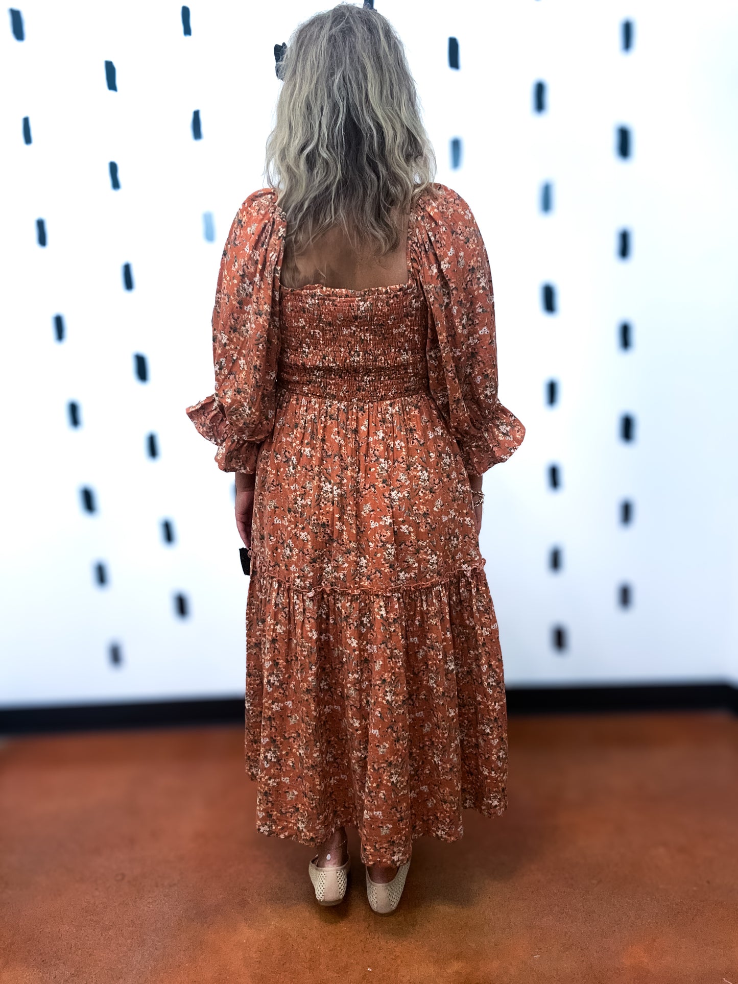 Rust Floral Print Smocked Maxi Dress