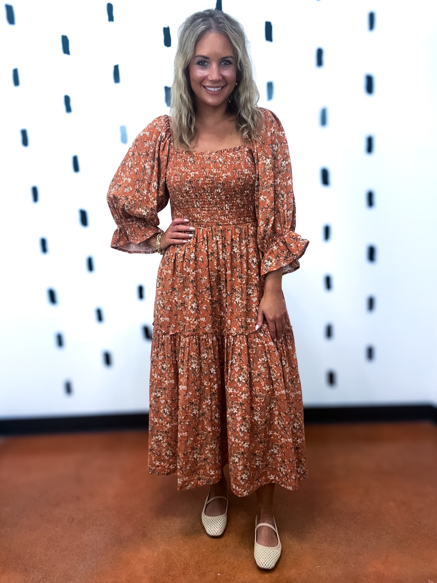 Rust Floral Print Smocked Maxi Dress