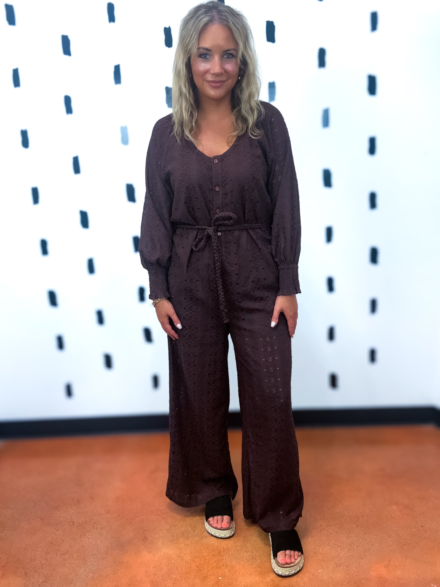 Brown Button Front Waist Tie Jumpsuit