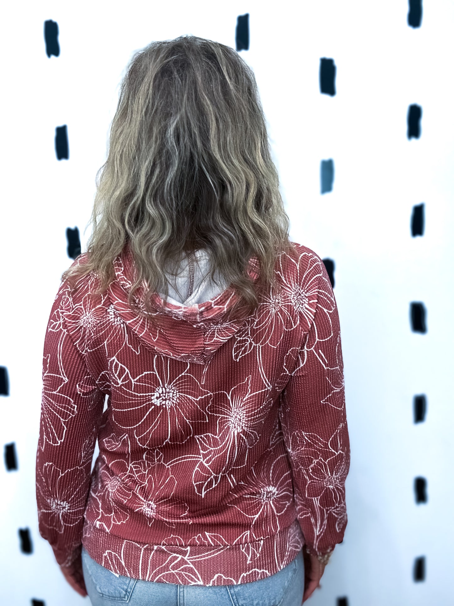 Brown Floral Ribbed Hoodie Top