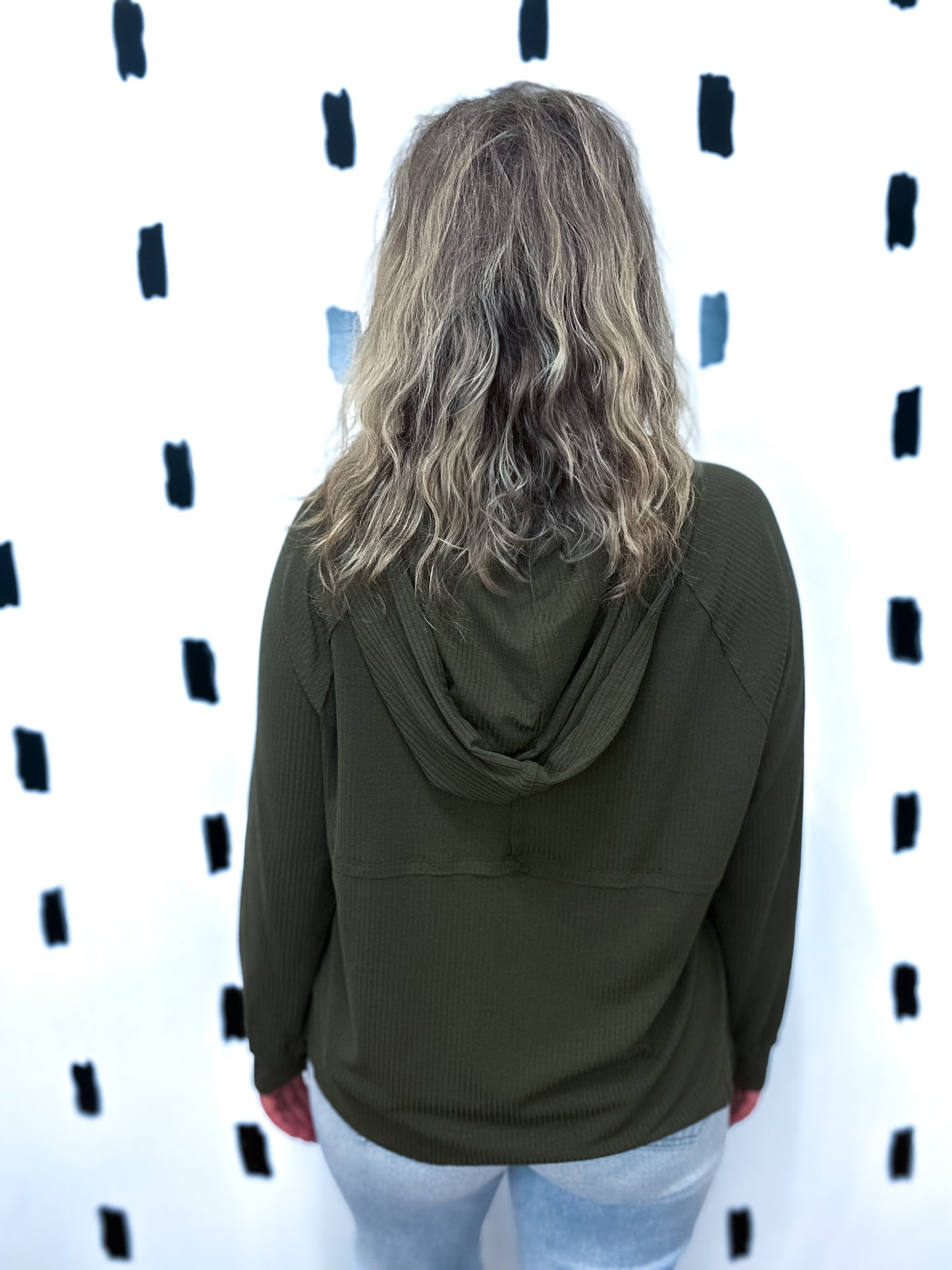 Dark Olive Ribbed Knit Hoodie Top