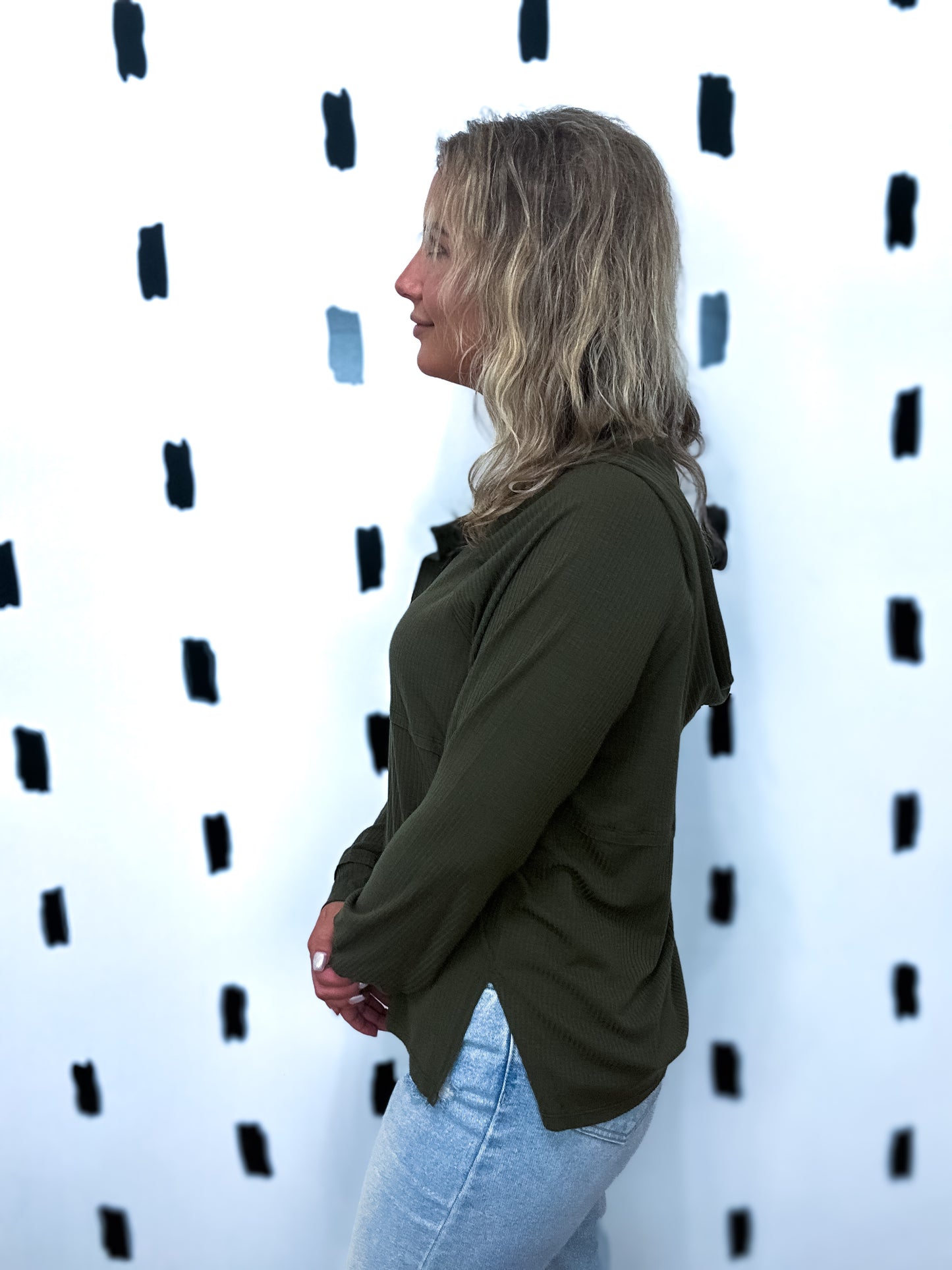 Dark Olive Ribbed Knit Hoodie Top