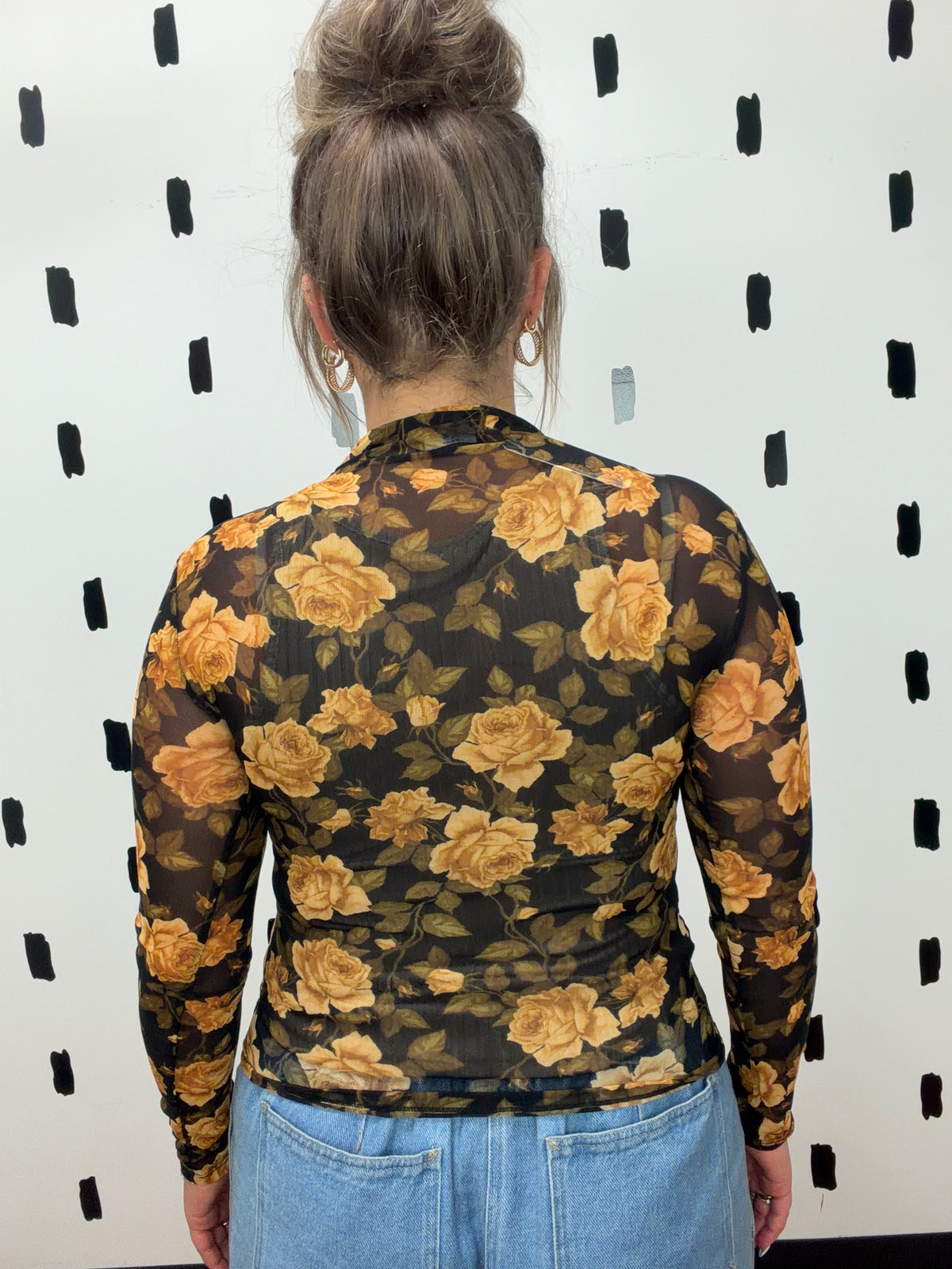 Black Floral Mesh Mock Neck Long Sleeve Top