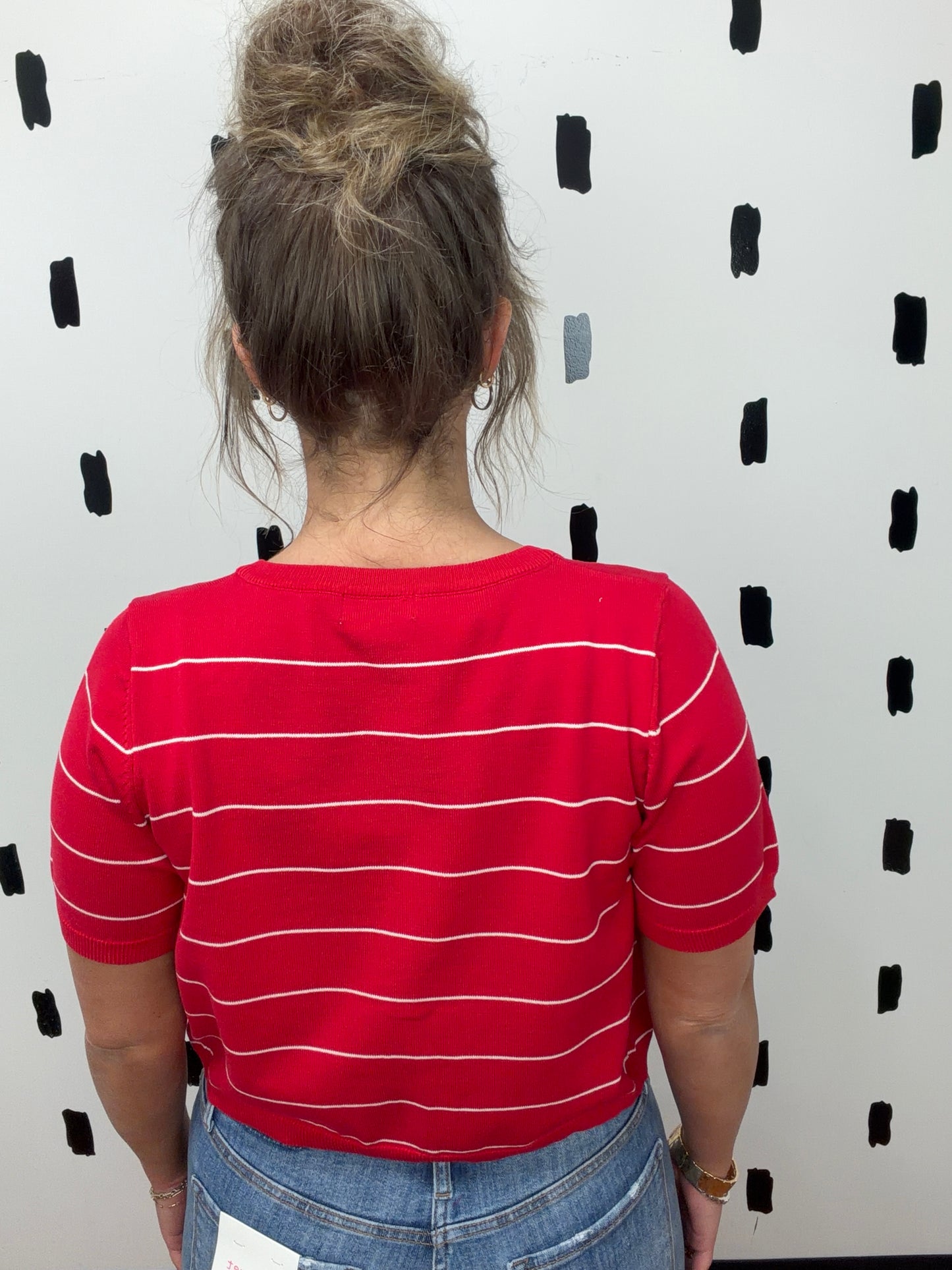 Red Stripe Short Sleeve Button Cardigan