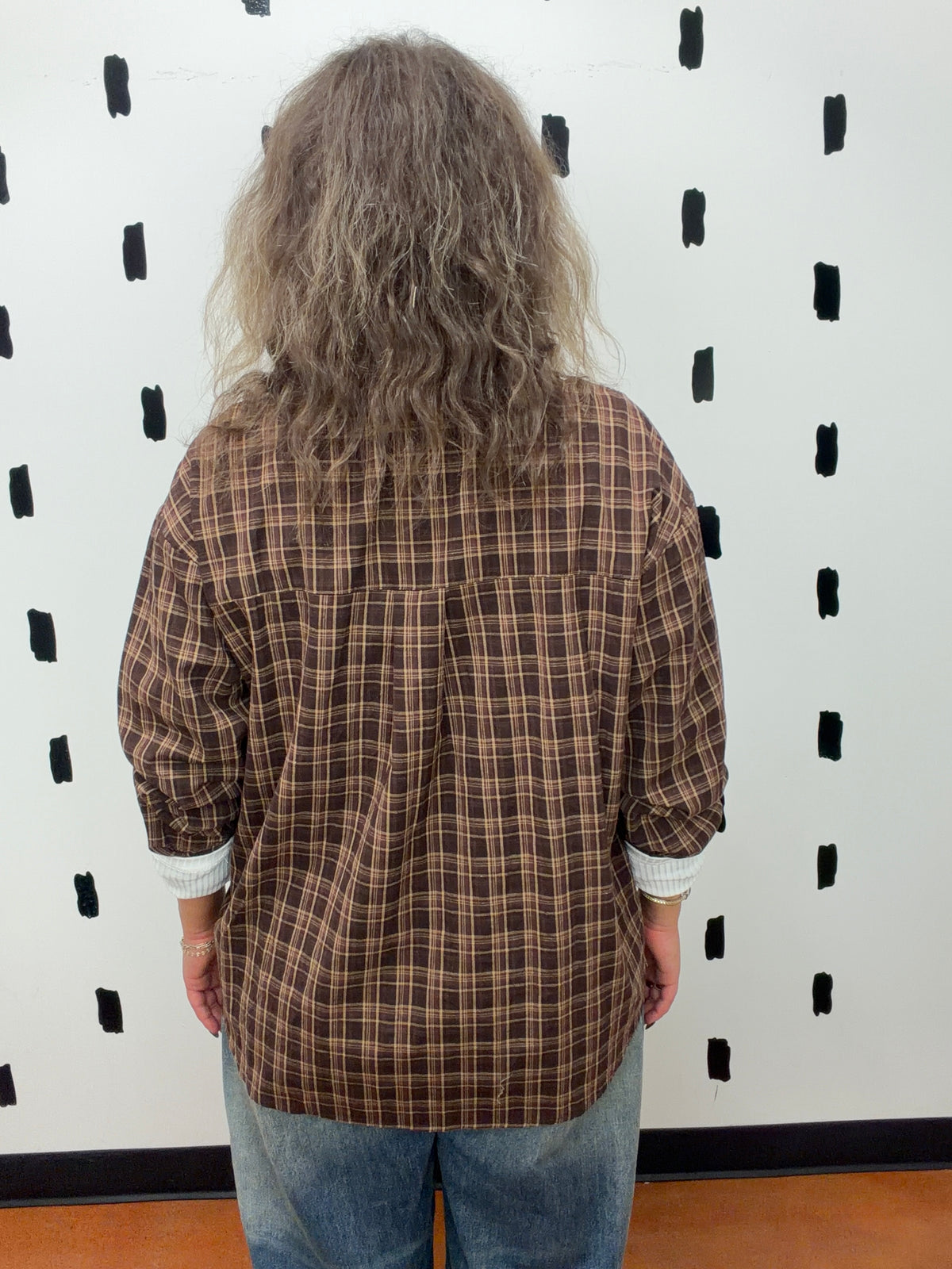 Brown Plaid Oversized Button Up Top