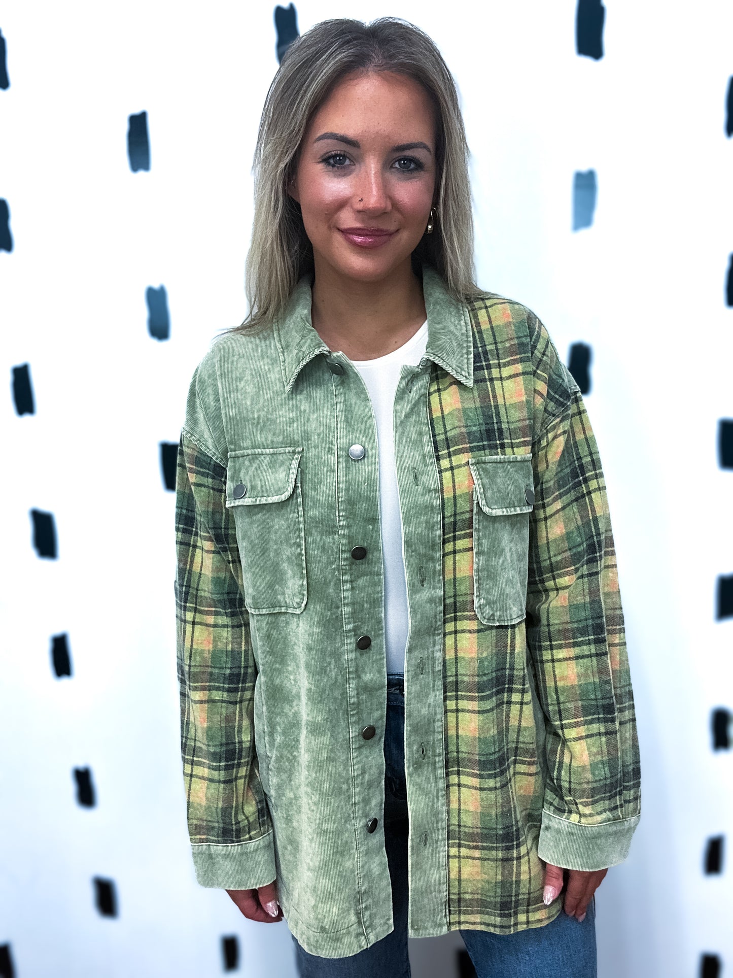 Olive Plaid Corduroy Button Up Shacket