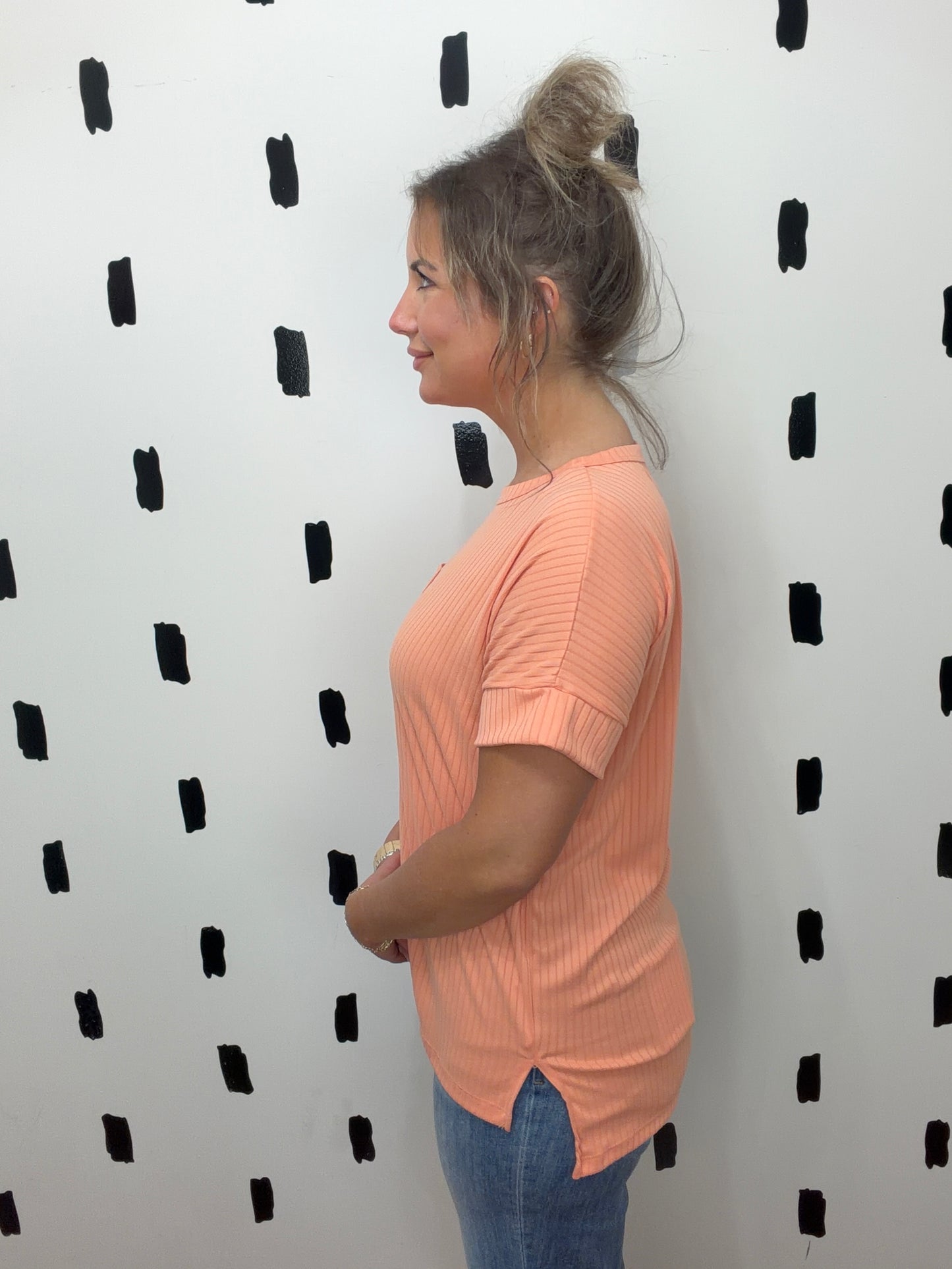Coral Brushed Ribbed Short Sleeve Top