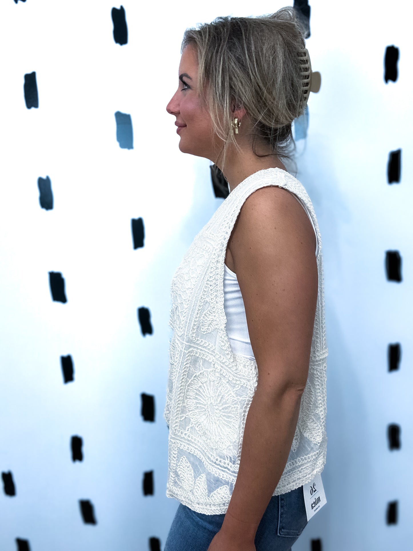 Natural V-Neck Sleeveless Crochet Vest