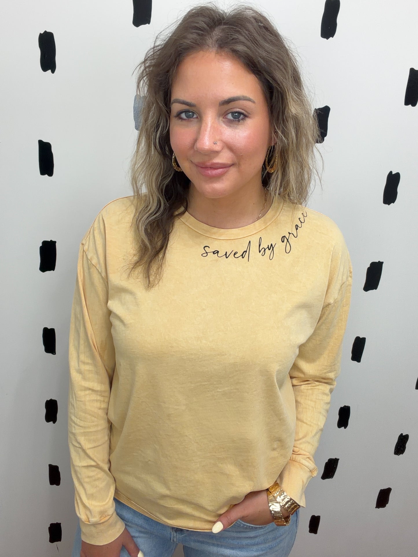 Golden Saved By Grace Graphic Long Sleeve Top