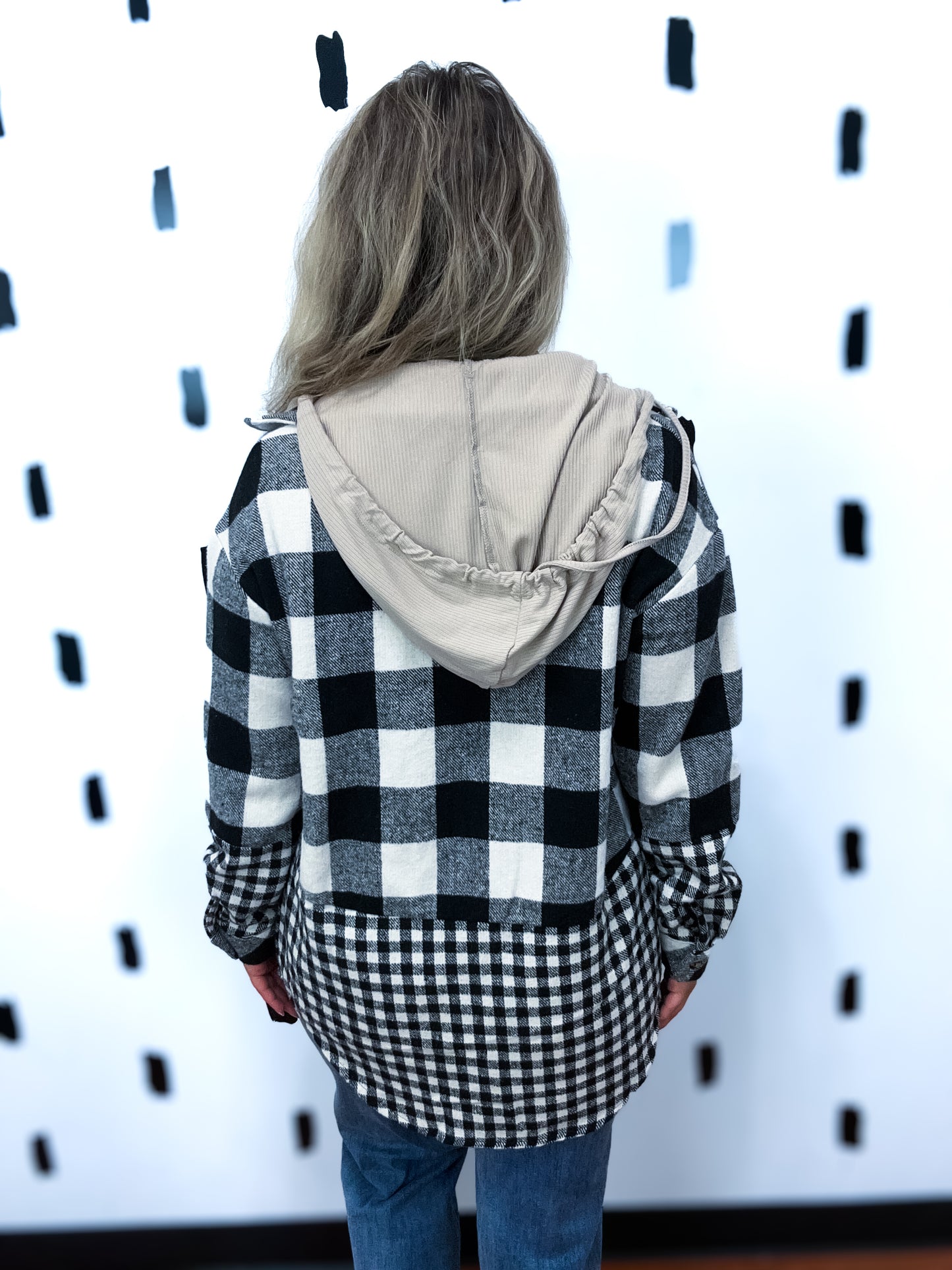 Black Plaid Patchwork Hoodie Jacket