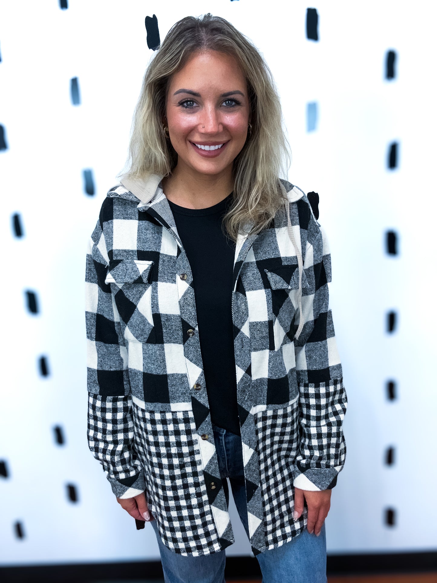 Black Plaid Patchwork Hoodie Jacket