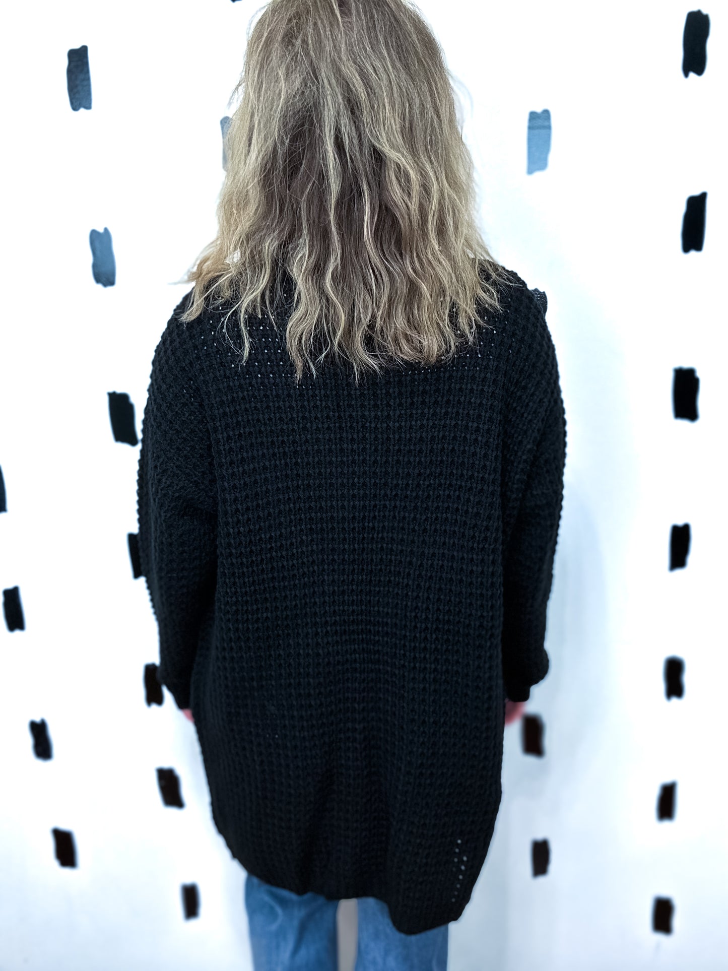 Black Chunky Waffle Knit Cardigan