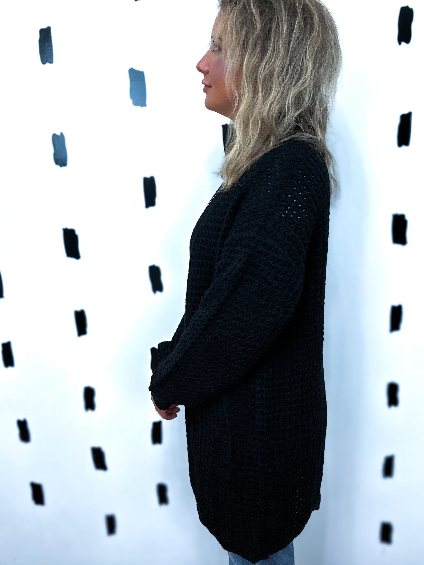 Black Chunky Waffle Knit Cardigan