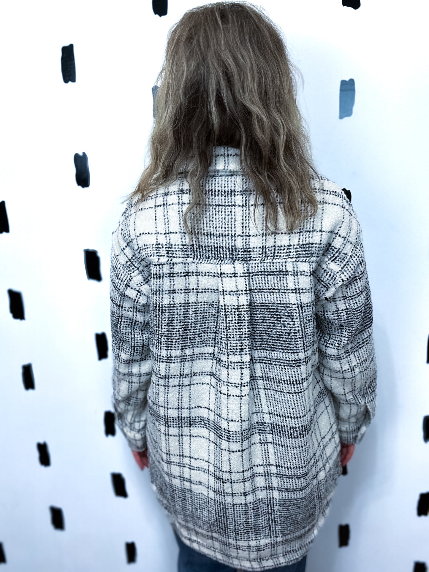 Black/White Bouncle Plaid Longline Shirt Jacket