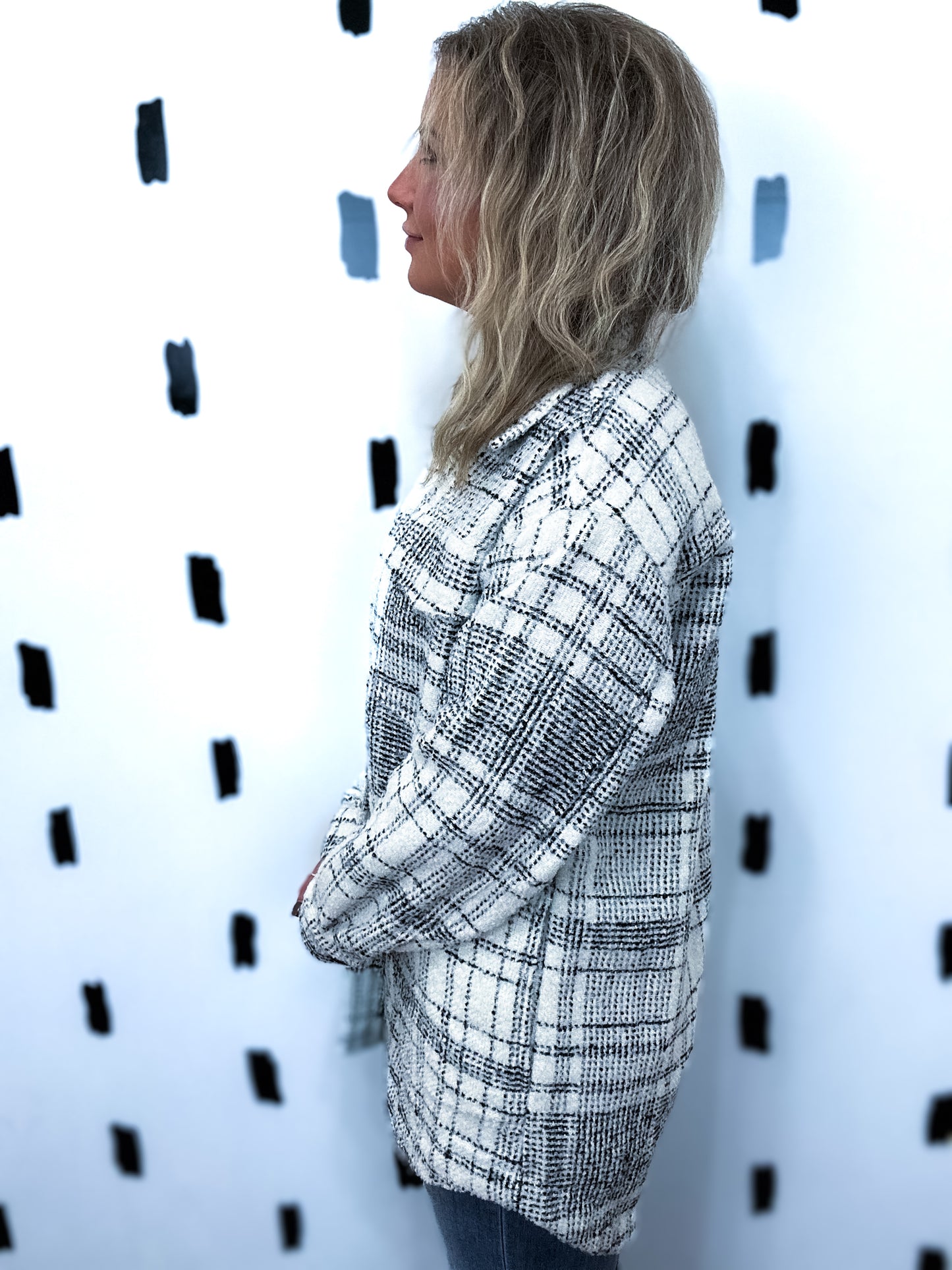 Black/White Bouncle Plaid Longline Shirt Jacket