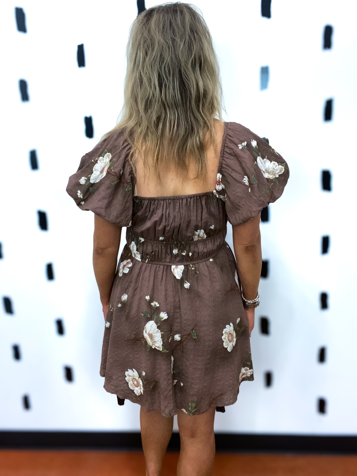 Brown Floral Puff Sleeve Dress