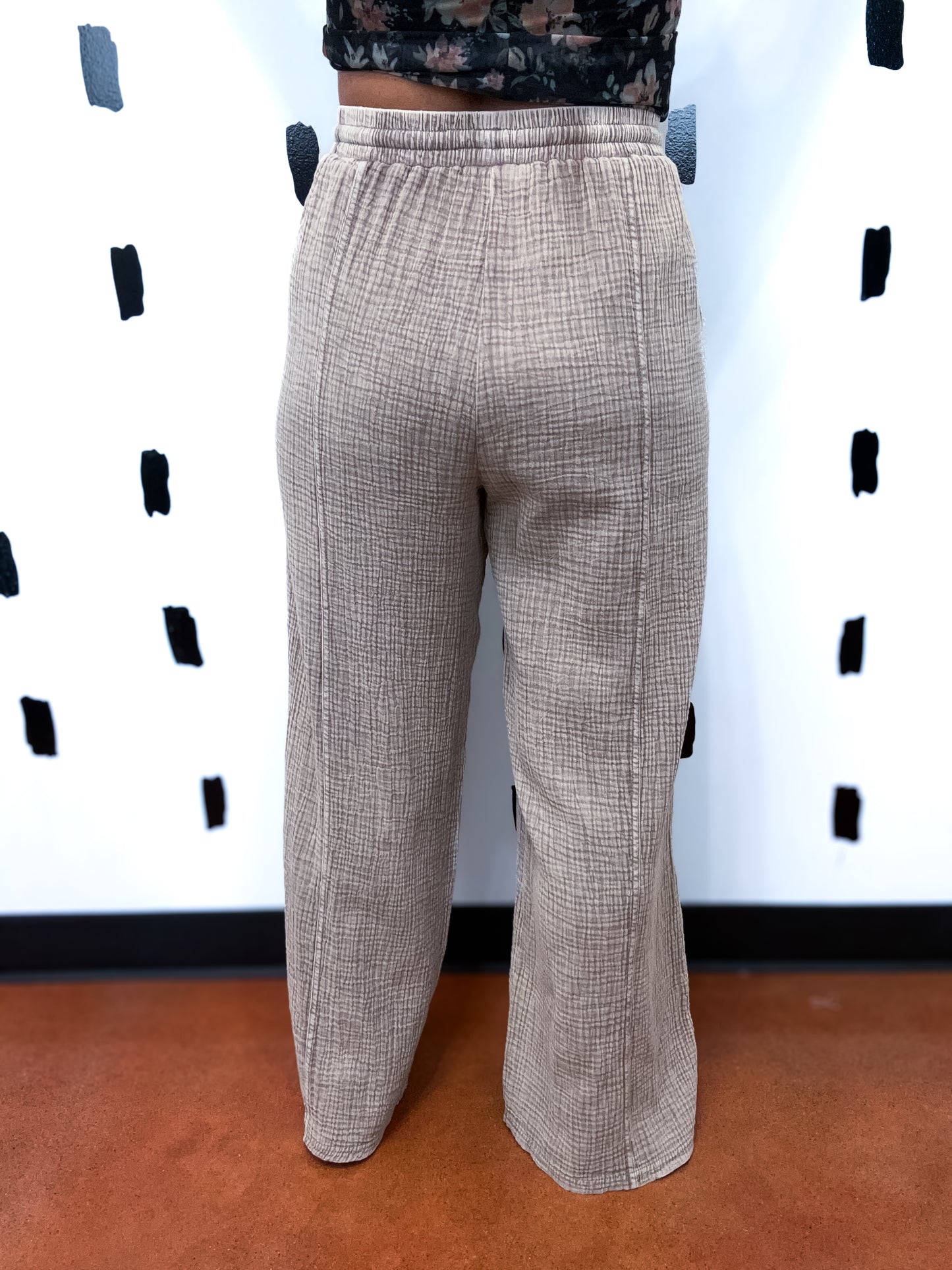 Mocha Lave Trim Elastic Waist Cotton Gauze Pants
