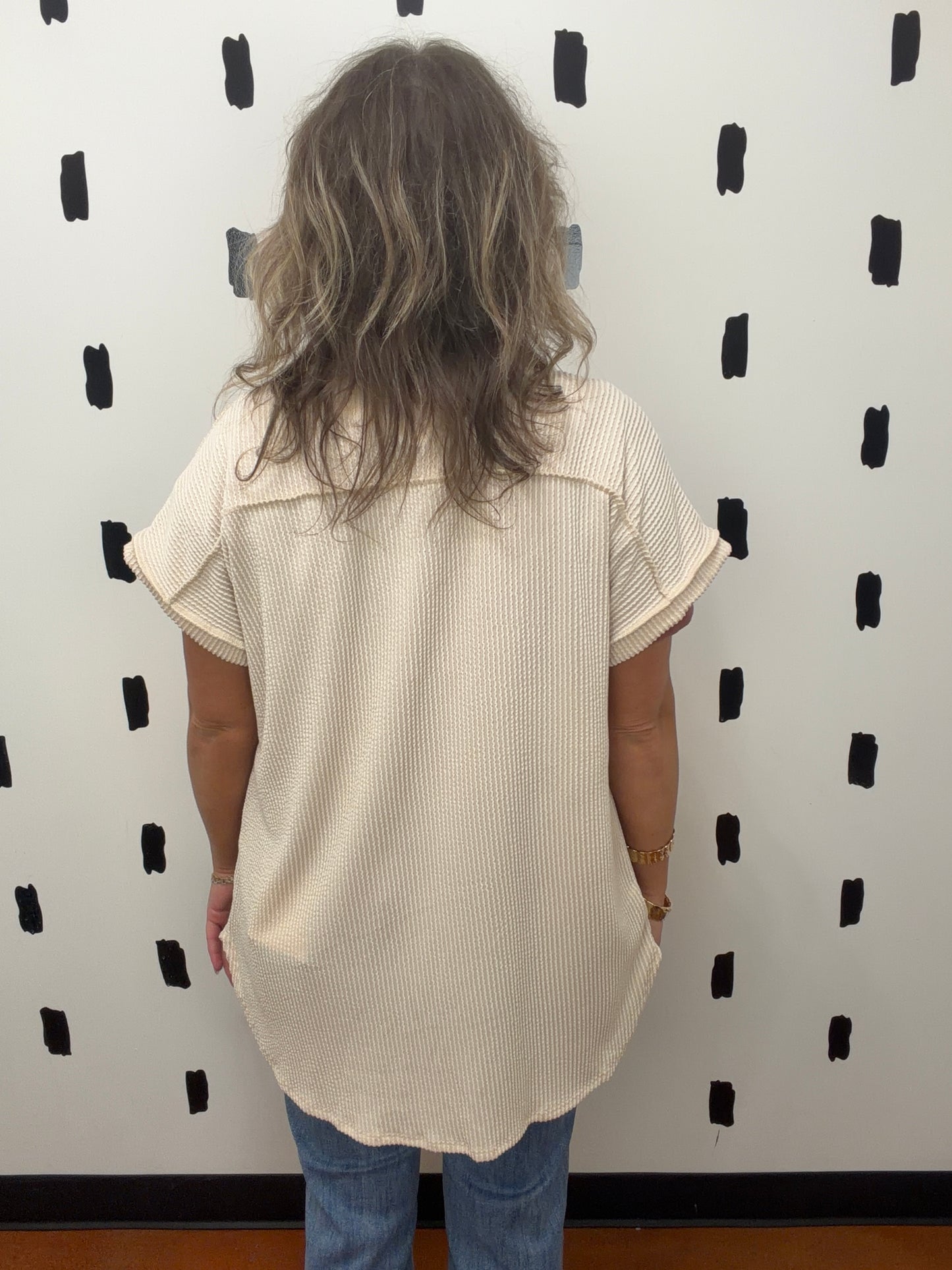 Oatmeal Short Sleeve Button Up Top