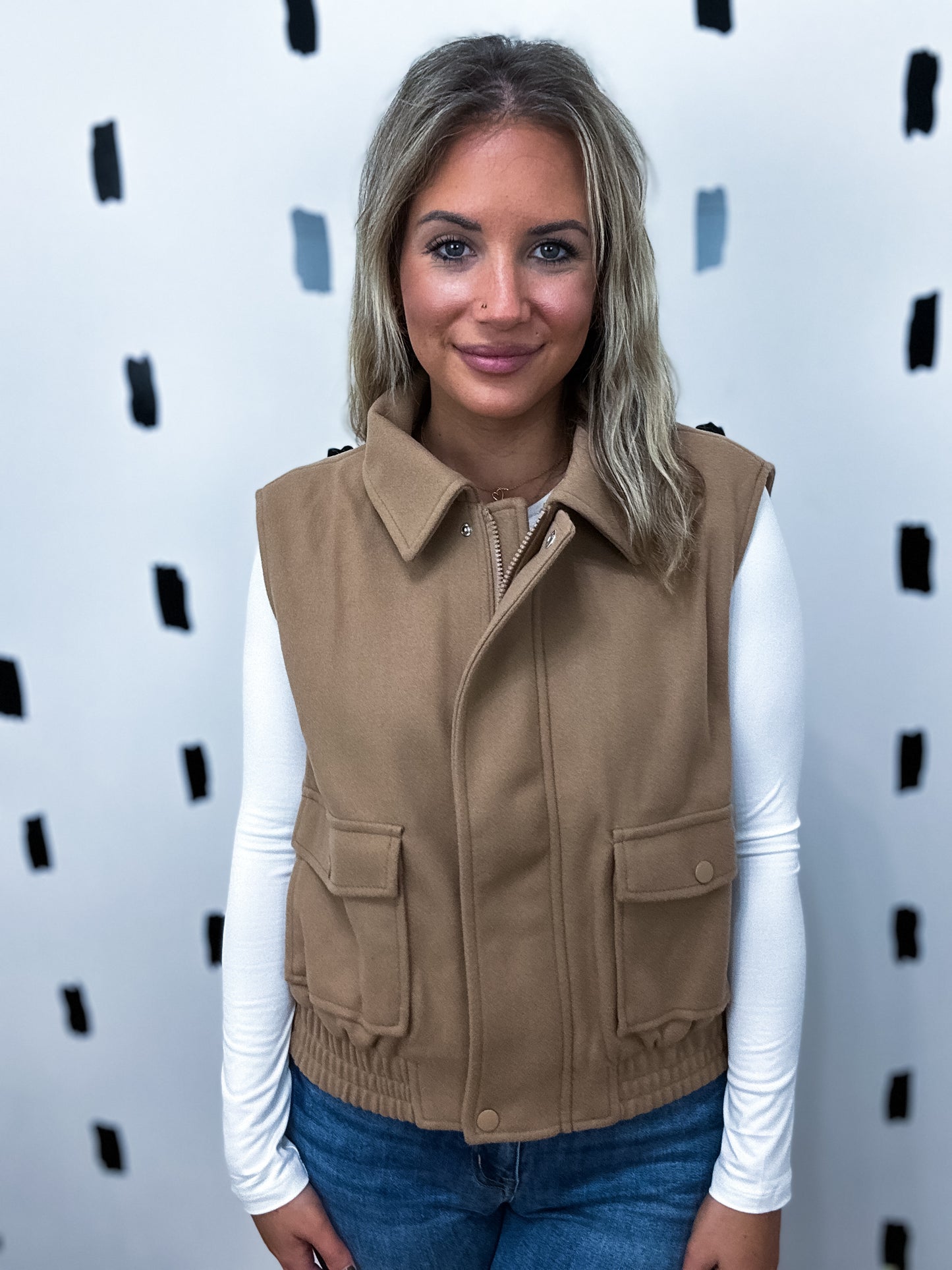 Camel Notched Collar Felt Zip Up Vest