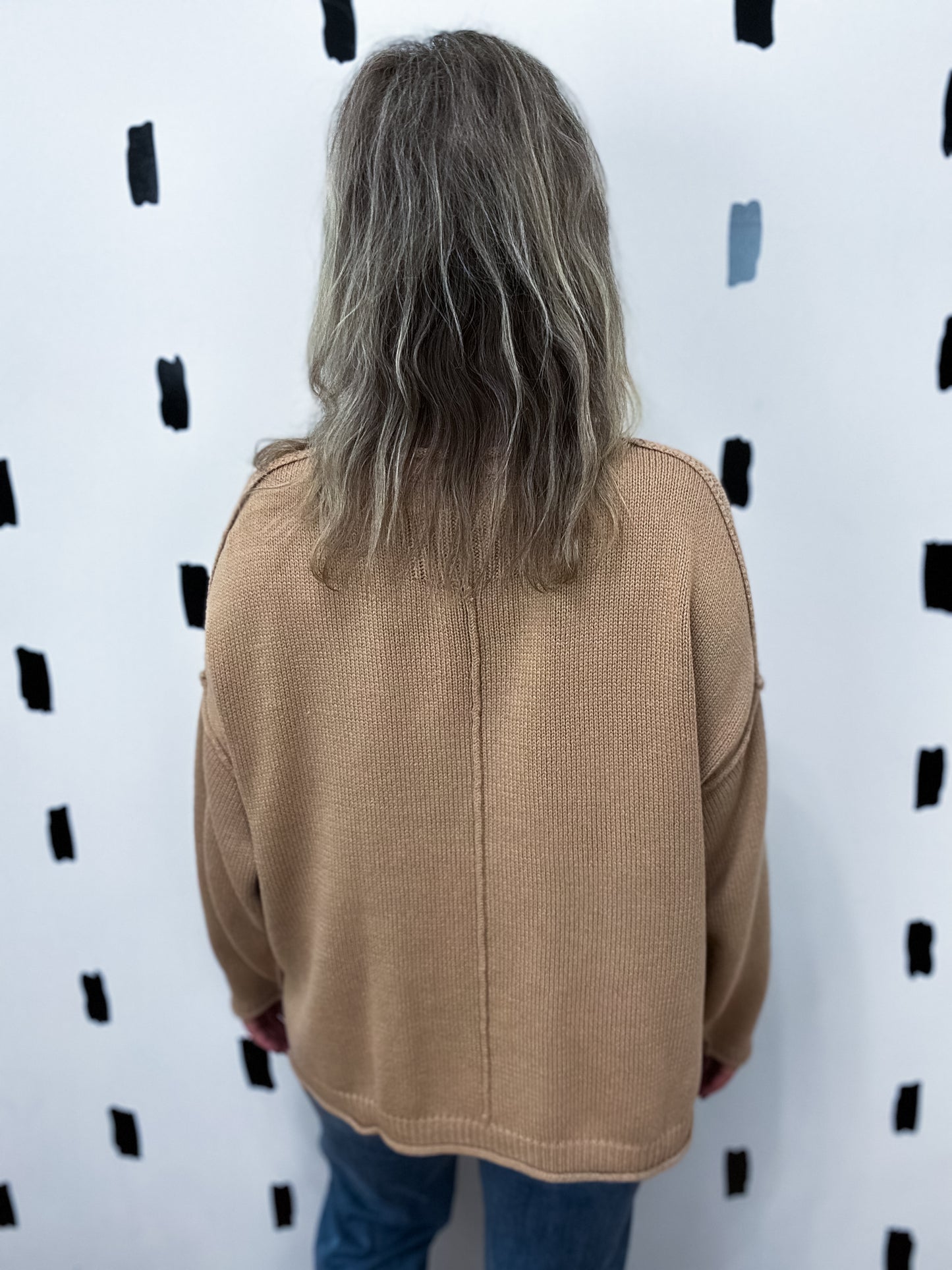 Tan Raw Edge Long Sleeve Sweater