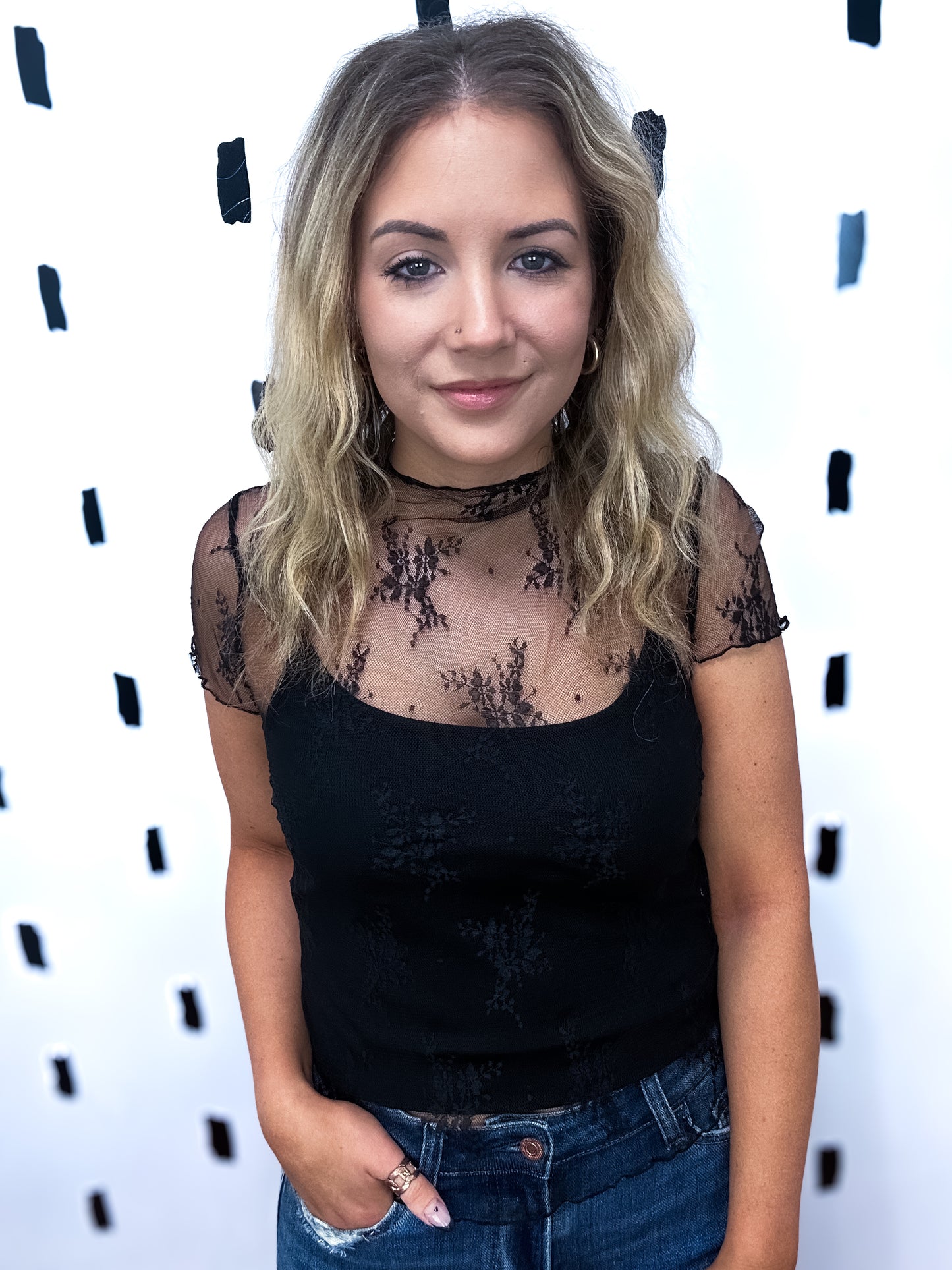 Black Sheer Mesh Short Sleeve Blouse