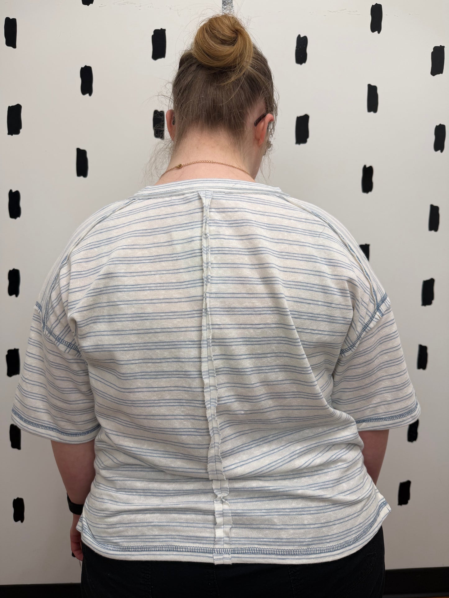 Blue Striped Short Sleeve Henley Top