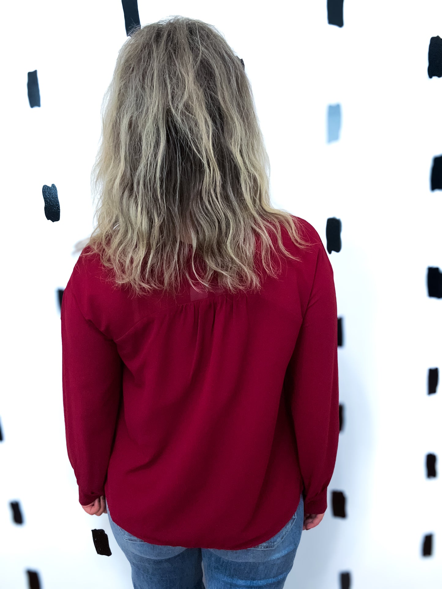 Wine Long Sleeve Chiffon Blouse