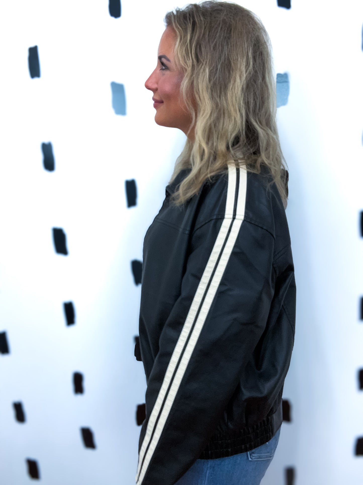 Black Stripe Detail Faux Fur Leather Jacket