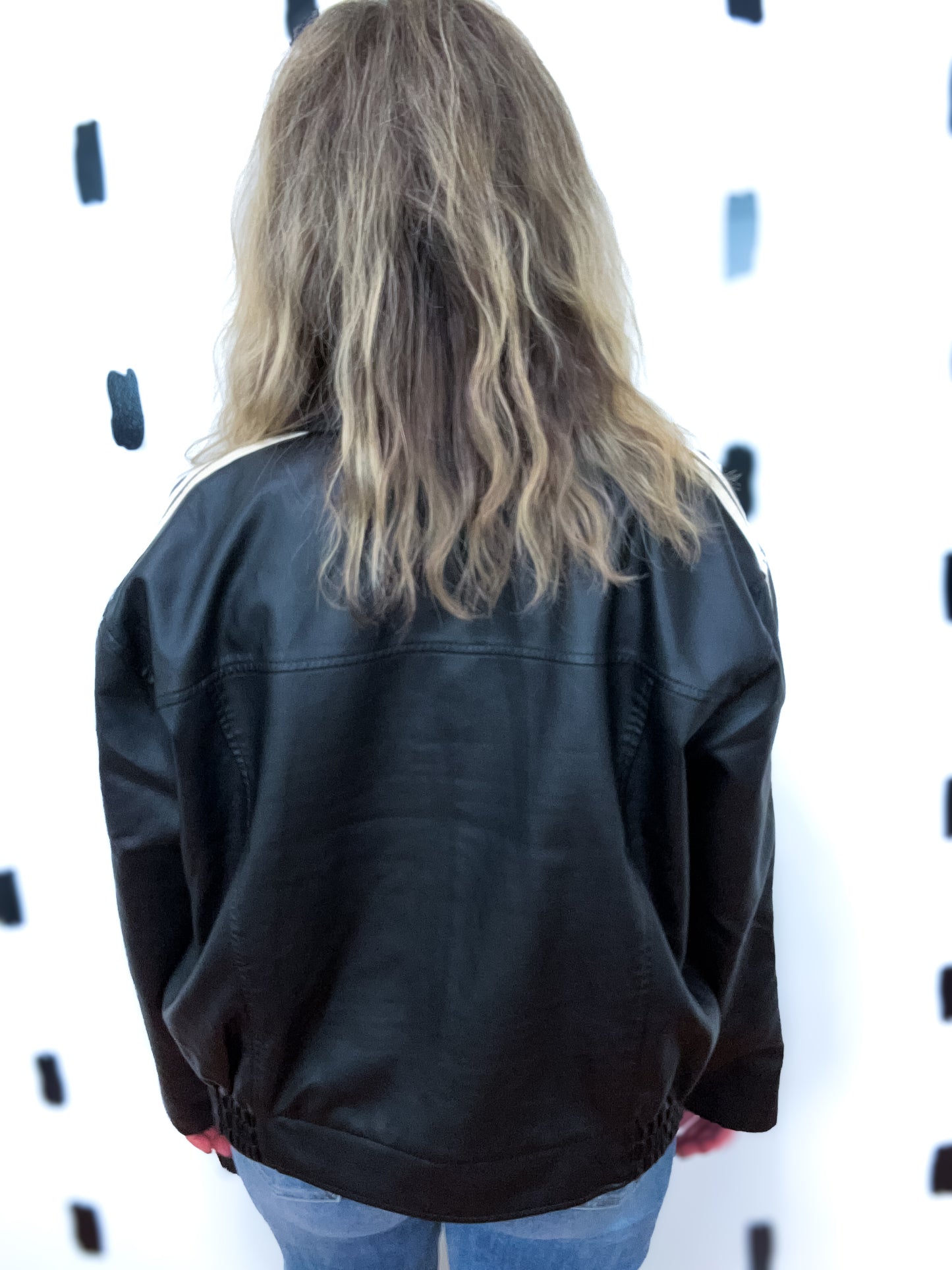 Black Stripe Detail Faux Fur Leather Jacket