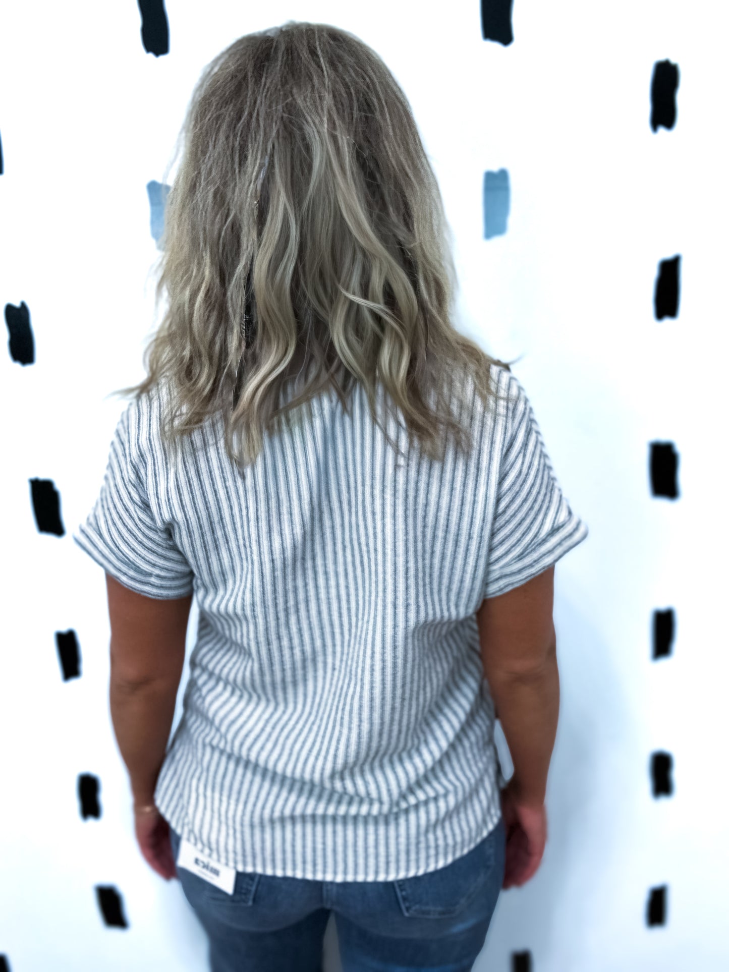 Black Stripe Collared Short Sleeve Blouse