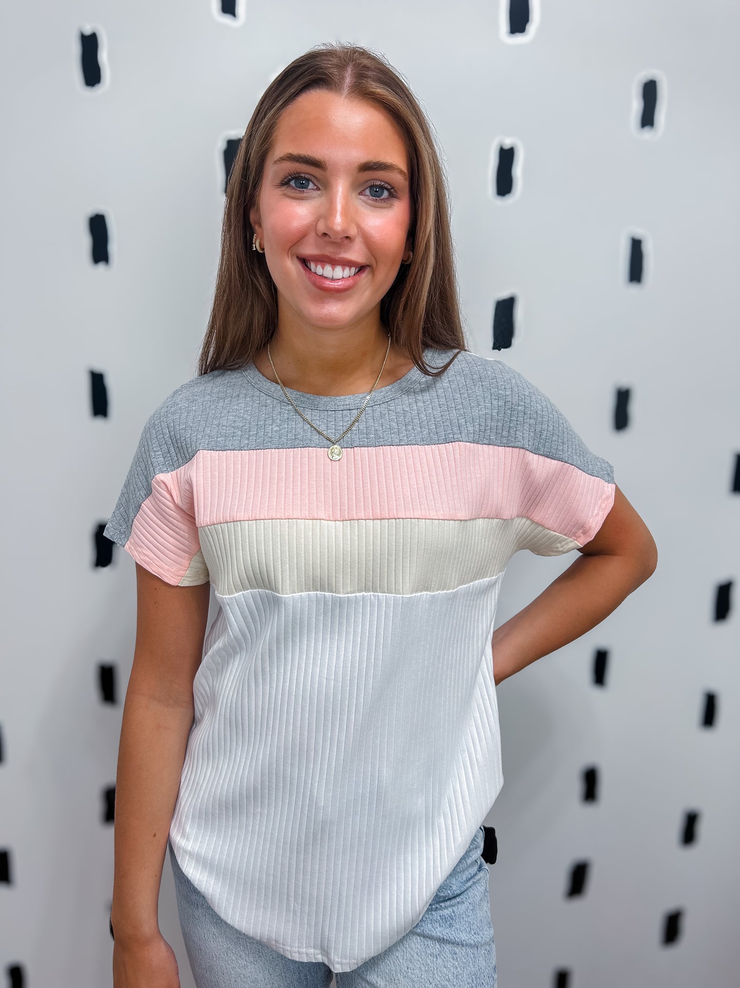 White Ribbed Color Block Short Sleeve Top