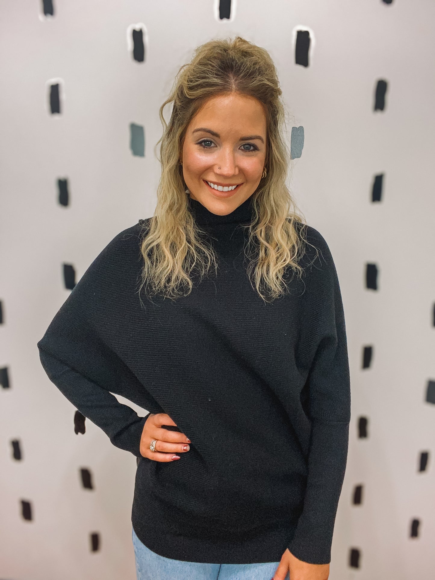 Black Mock Neck Dolman Sleeve Sweater