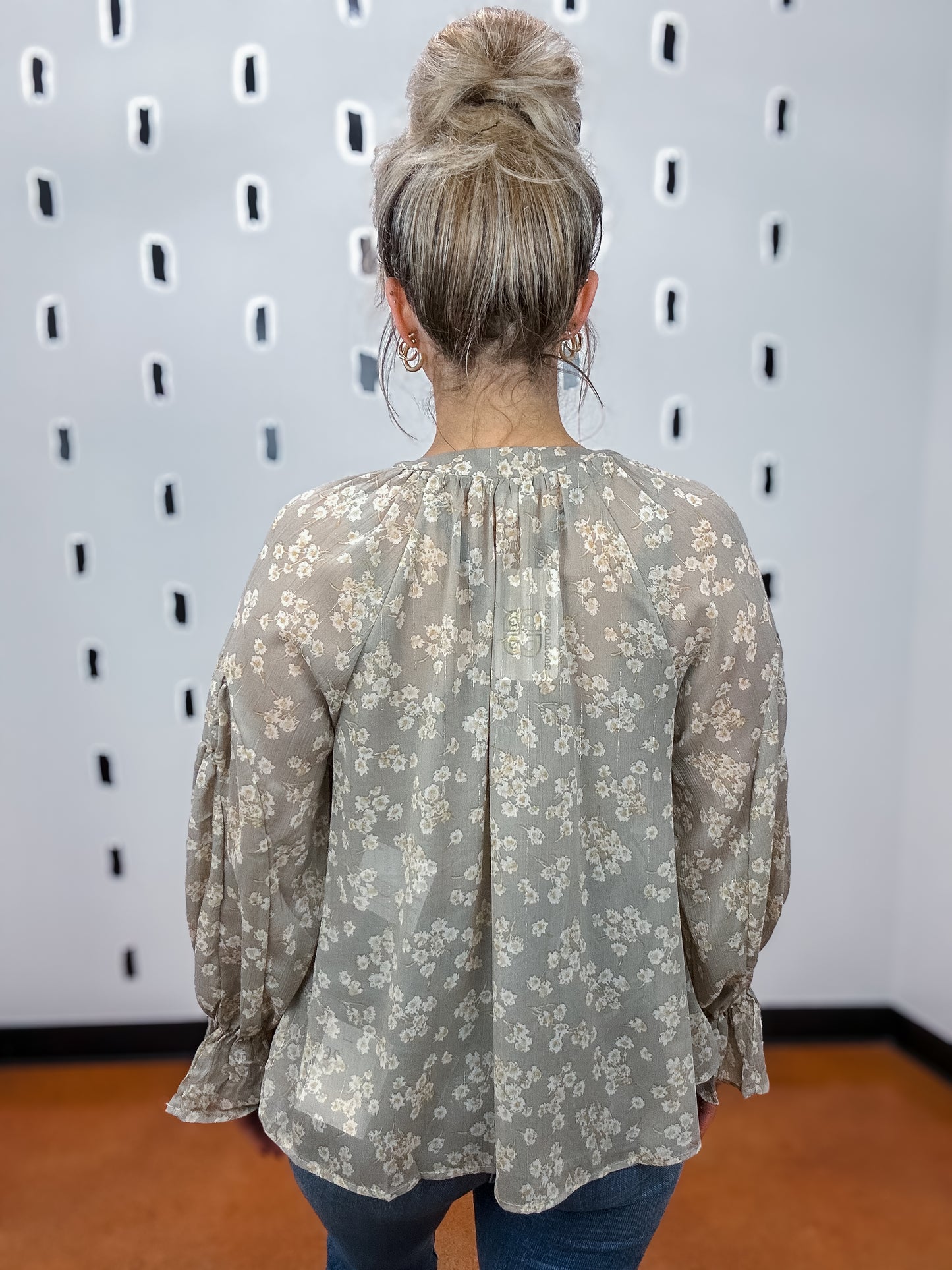 Light Khaki Floral Long Sleeve Blouse
