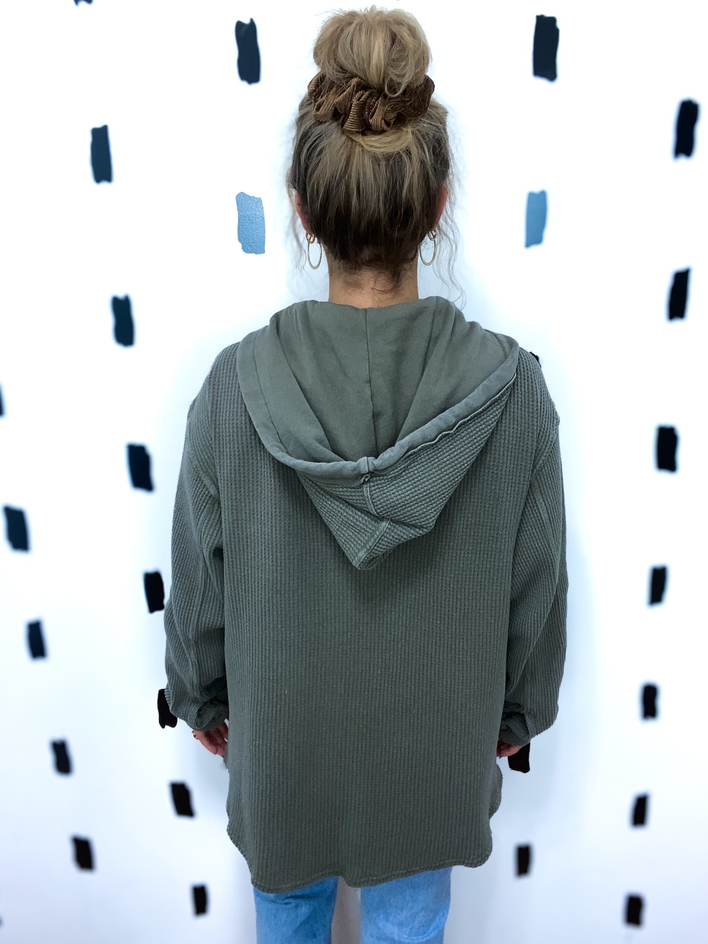 Olive Waffle Knit Hoodie Shacket