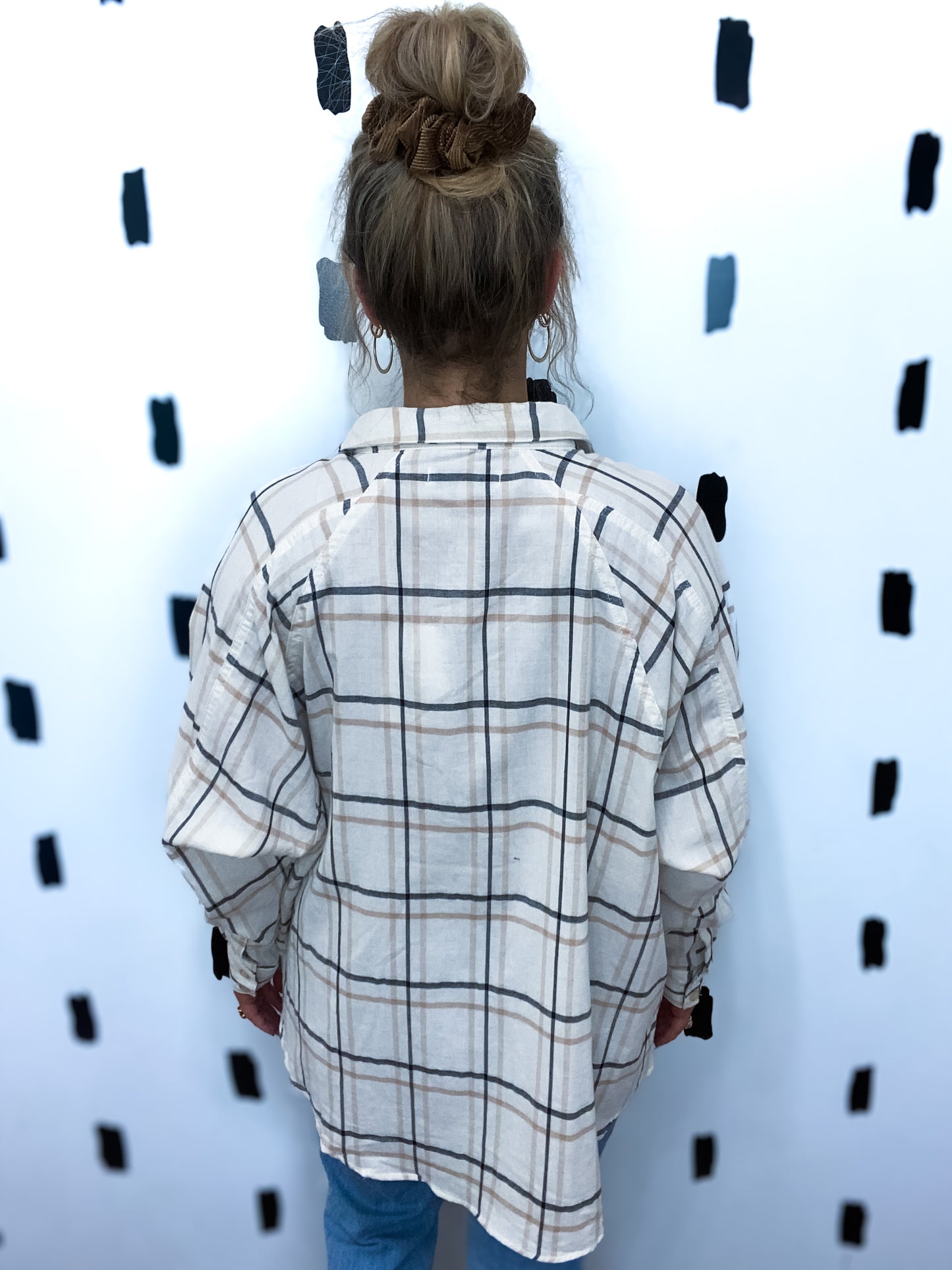 Neutral Oversized Plaid Long Sleeve Top
