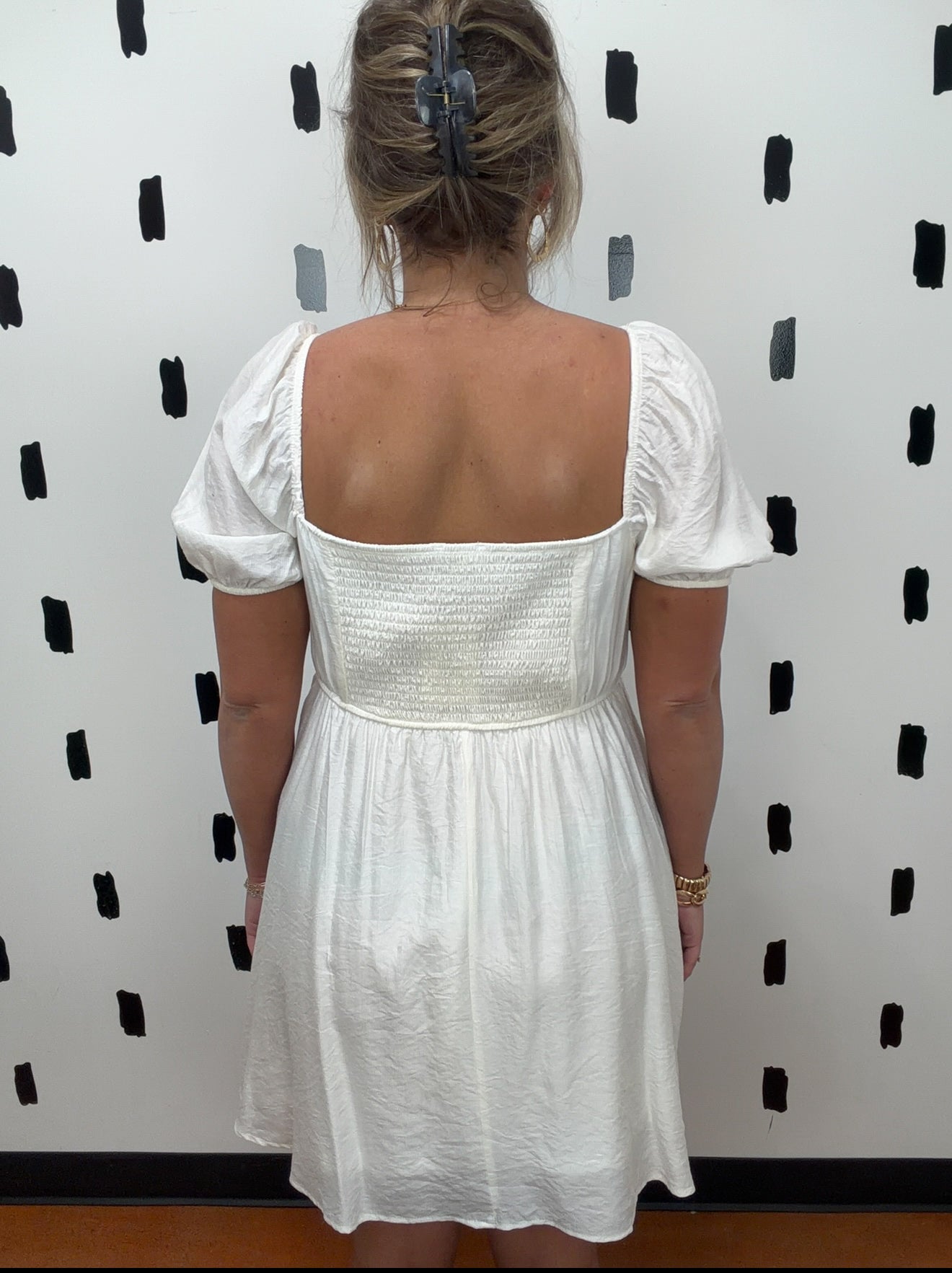 Off White Pleated Bodice Puff Sleeve Dress