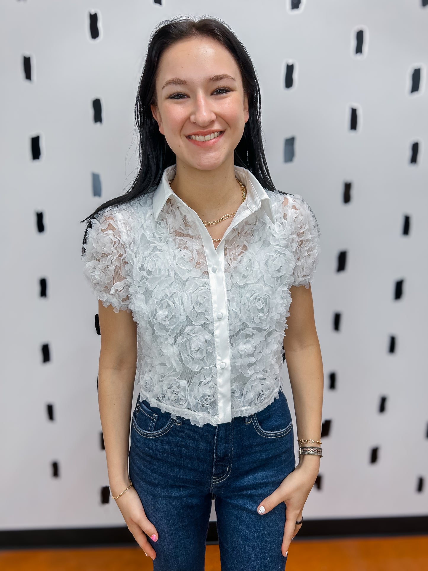 White Floral Short Sleeve Blouse