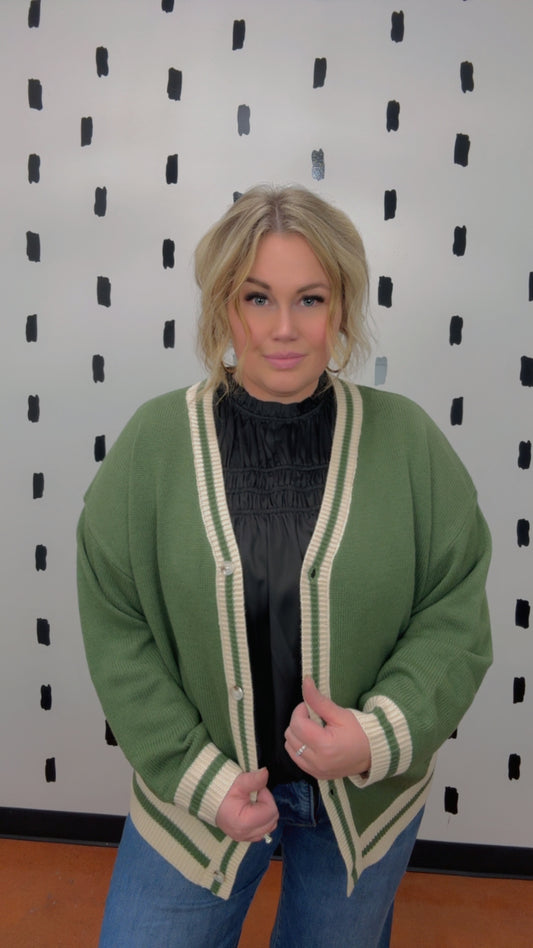 Olive V Neck Button Down Sweater