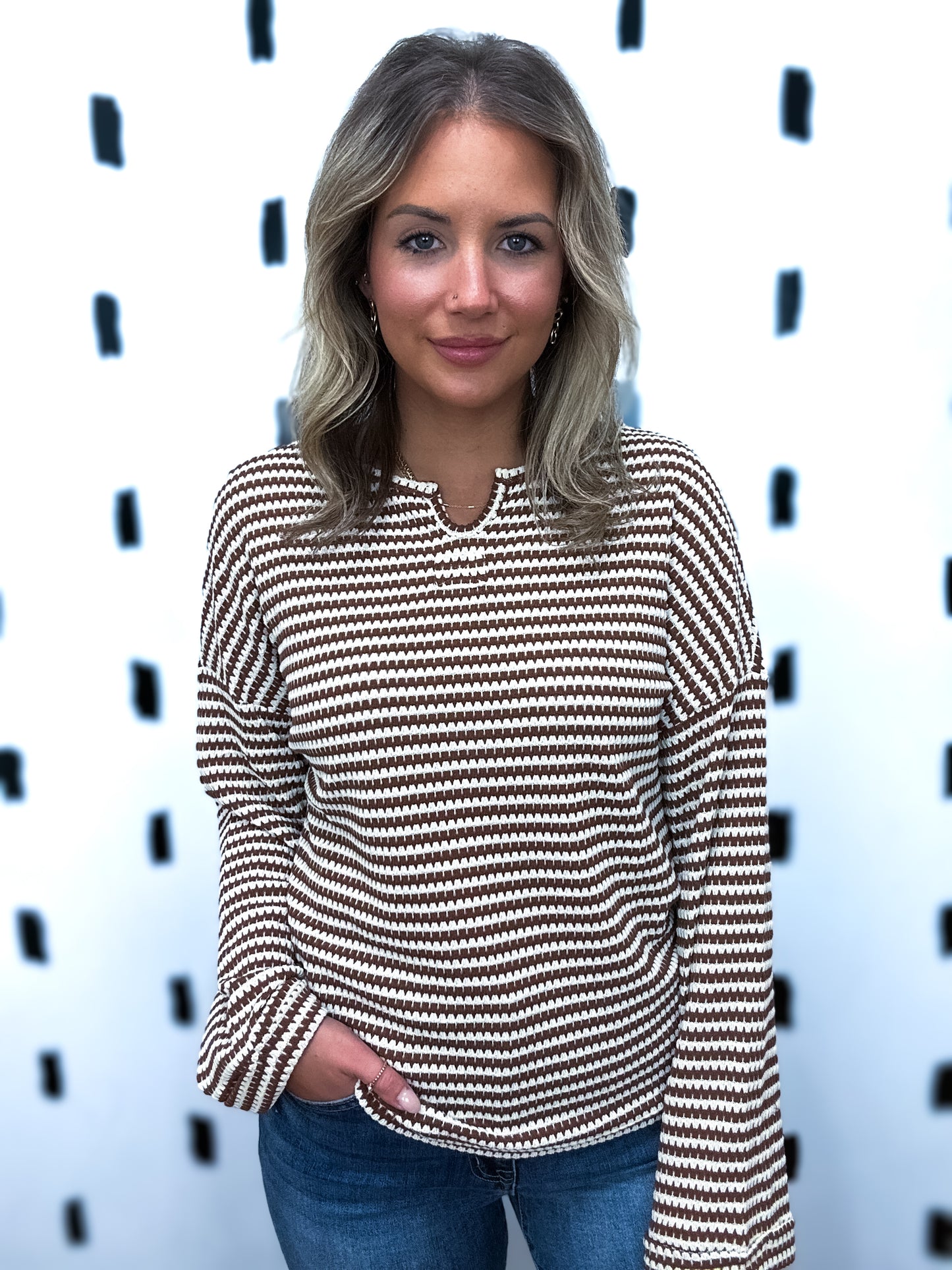 Brown Striped Waffle Knit Long Sleeve Top