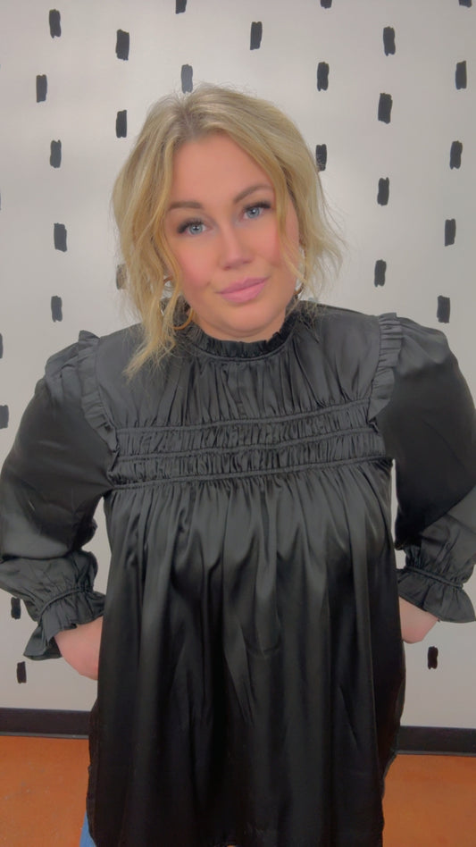 Satin Frilled Mock Neck Ruffle Long Sleeve