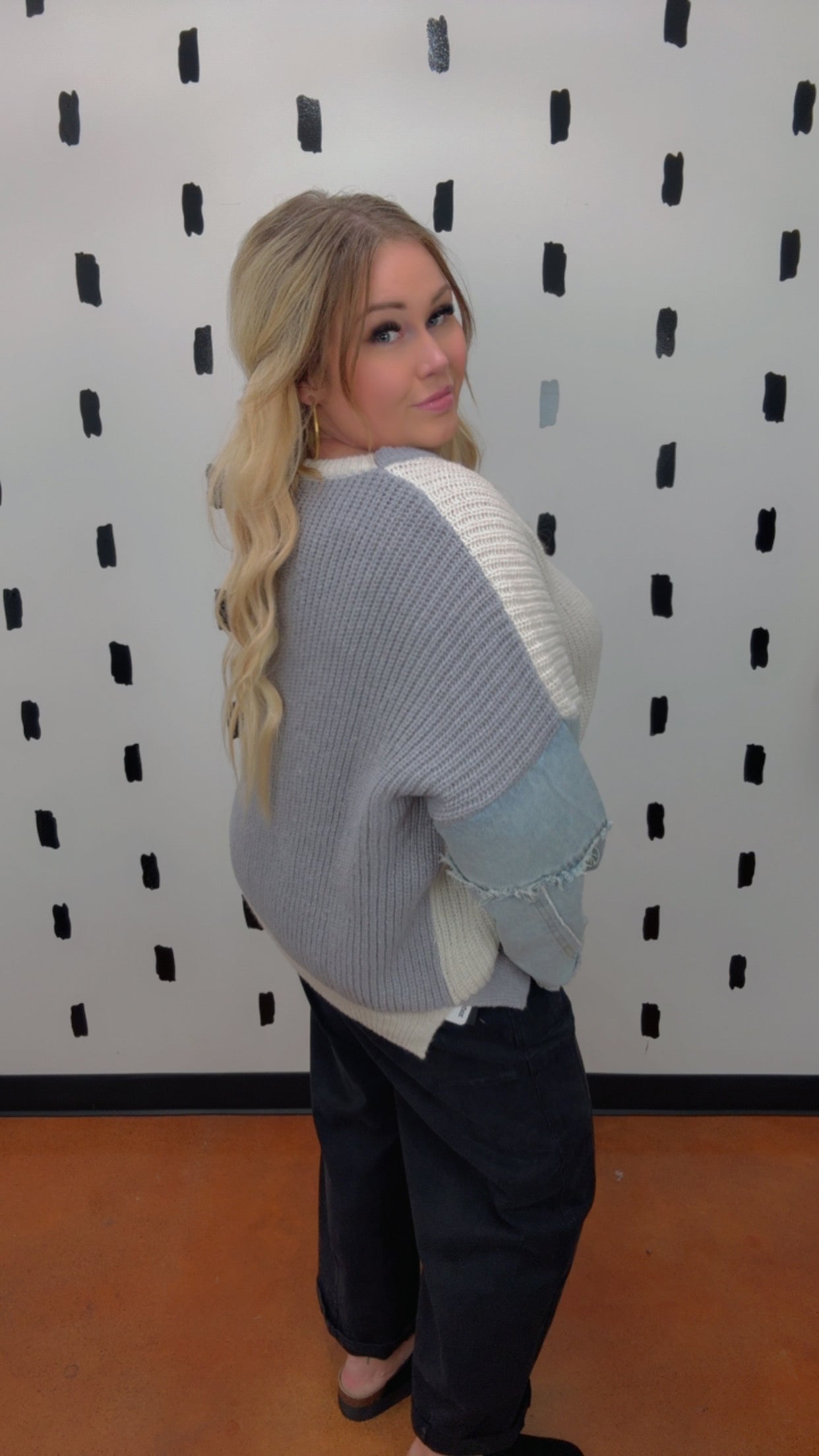 Colorblock Sweater Denim Sleeves