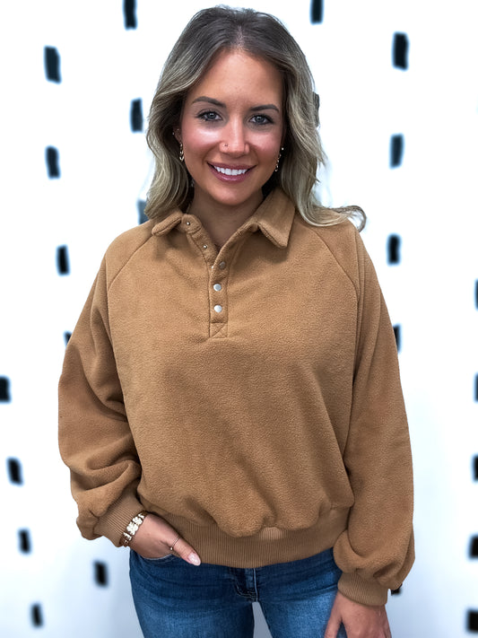 Camel Fleece Half-Placket Top