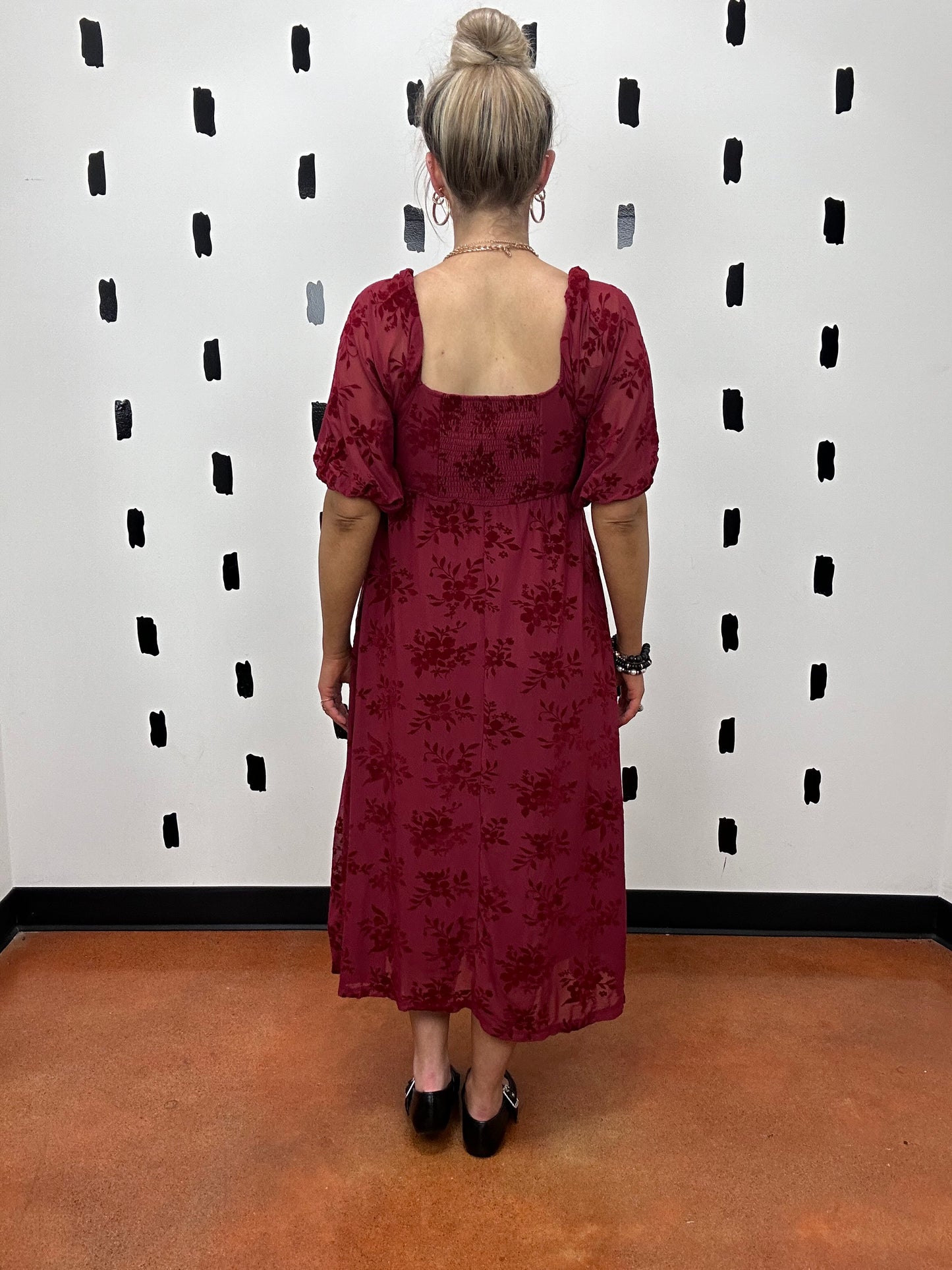 Burgundy Floral Velvet Midi Dress